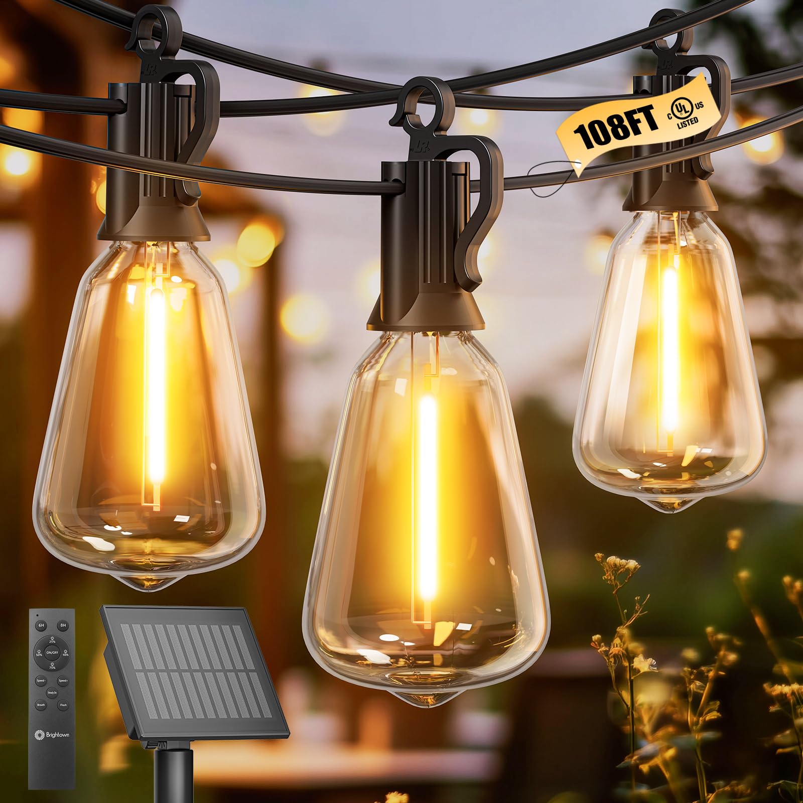 Brightown Solar String Lights Outdoor 108FT with 50 LED Bulbs, Warm White, Waterproof, Remote-Controlled, Ideal for Yard and Party Decor