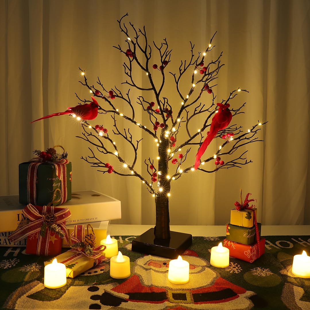 NKDFRI Vintage LED Glowing Tree, 6in Black, Battery Operated, Copper Wire with Cardinals & Red Berries - Holiday Decor