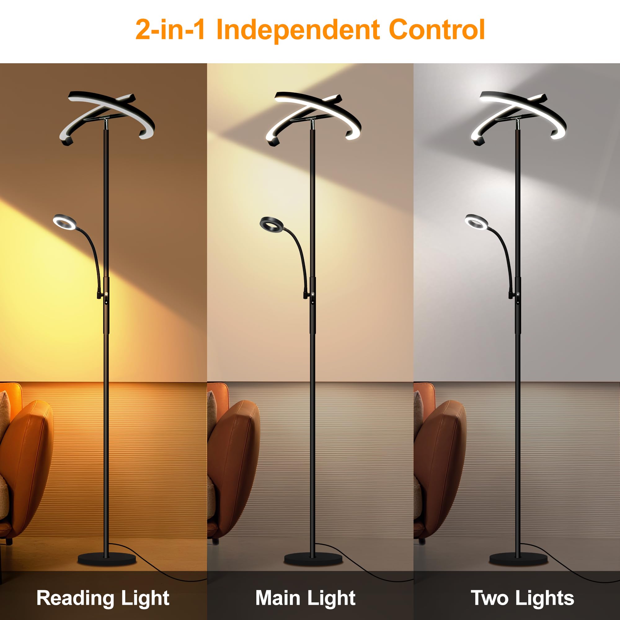Laiebri Modern LED Rotatable Floor Lamp with Reading Light,Eye-Protection Standing Lamp with Touch & Remote Control,Stepless Dim