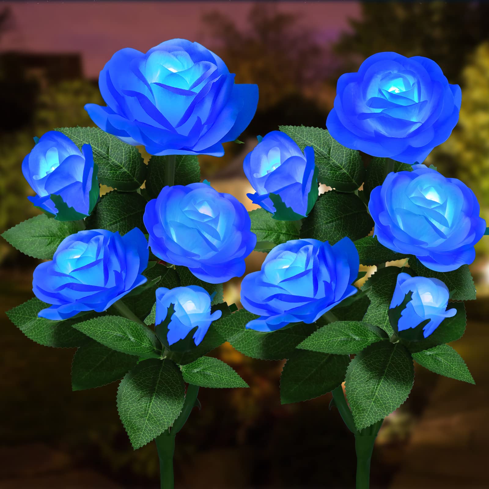 Ywywled Solar Flower Lights - Waterproof Led Stake Lights With 5 Roses, Blue, 2 Pack