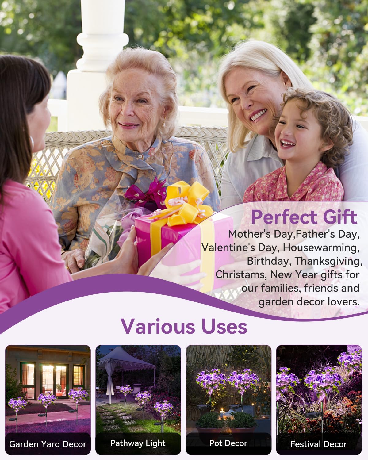 Neporal Solar Light Outdoor - 2 Pack Solar Garden Lights With Purple Carnation Solar Flowers, Solar Lights Outdoor Waterproof Ip