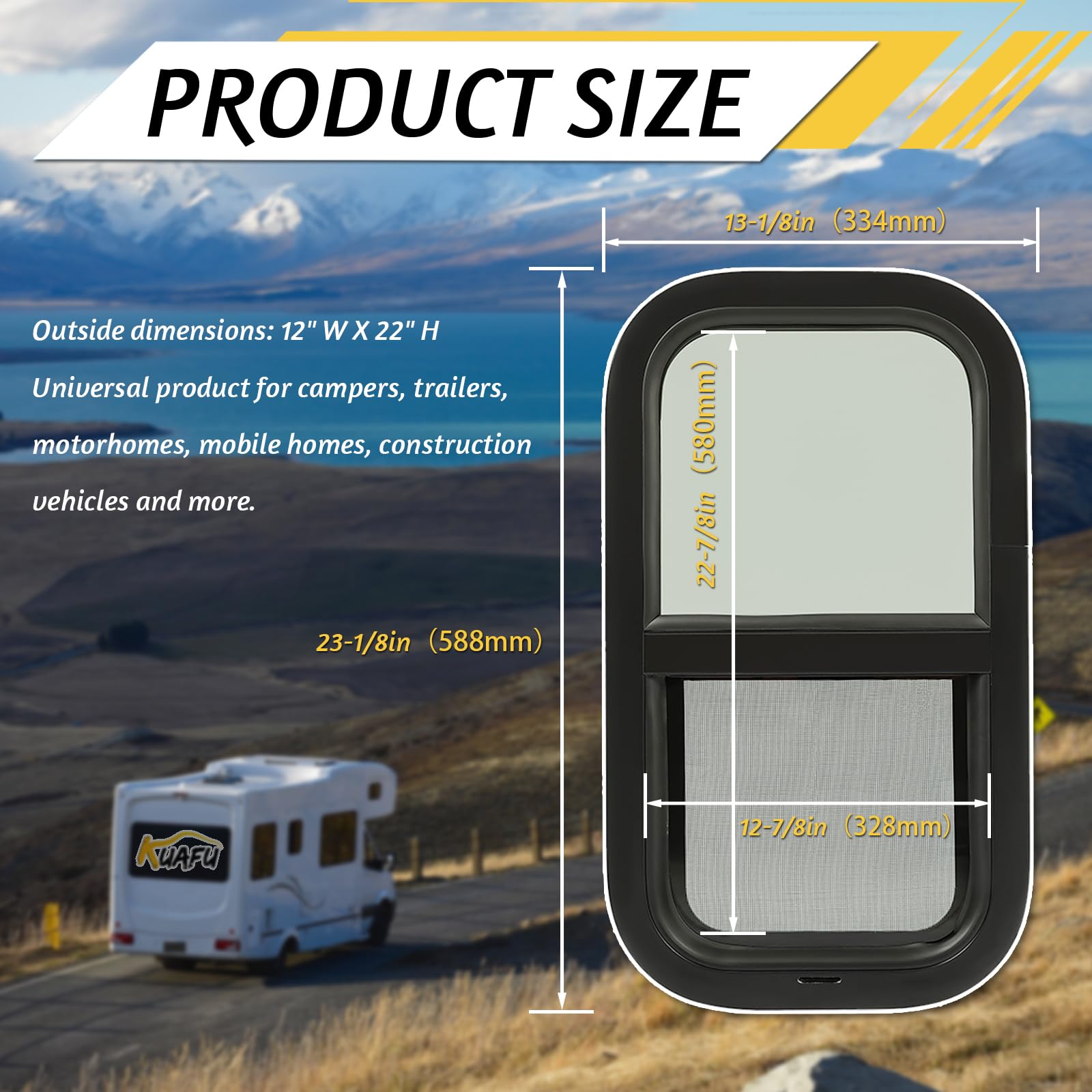 Kuafu Rv Side Window 12'' X 22'' Replacement Trailer Camper Cargo Vertical Slider Tinted Window With Mounting Ring Pair