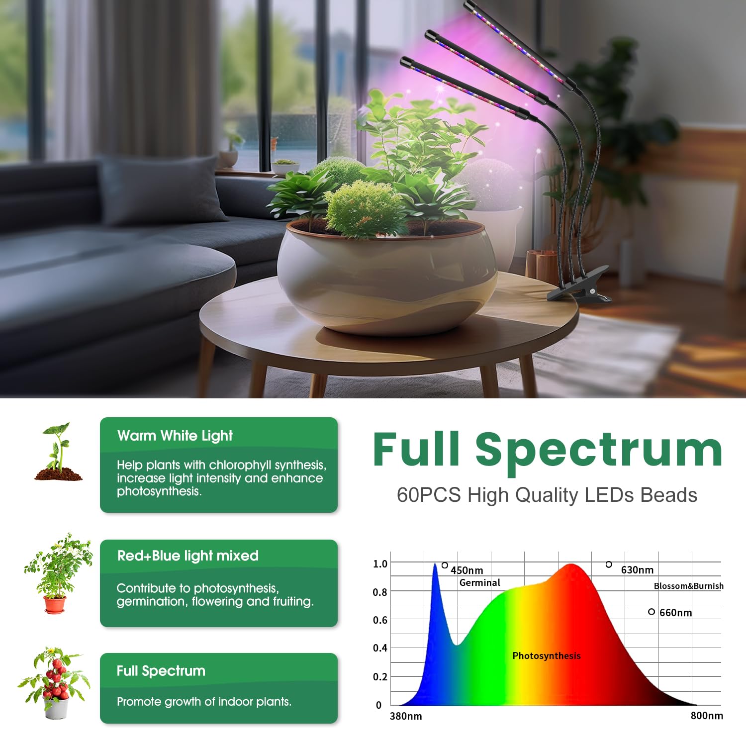 Garpsen Plant Lights, 3 Heads Red Blue Warm White Full Spectrum Grow Lights For Indoor Plants, 60 Leds Led Grow Light For Seed Starting, With Auto On/Off 6/12/16H Timer, 5 Dimmable Levels
