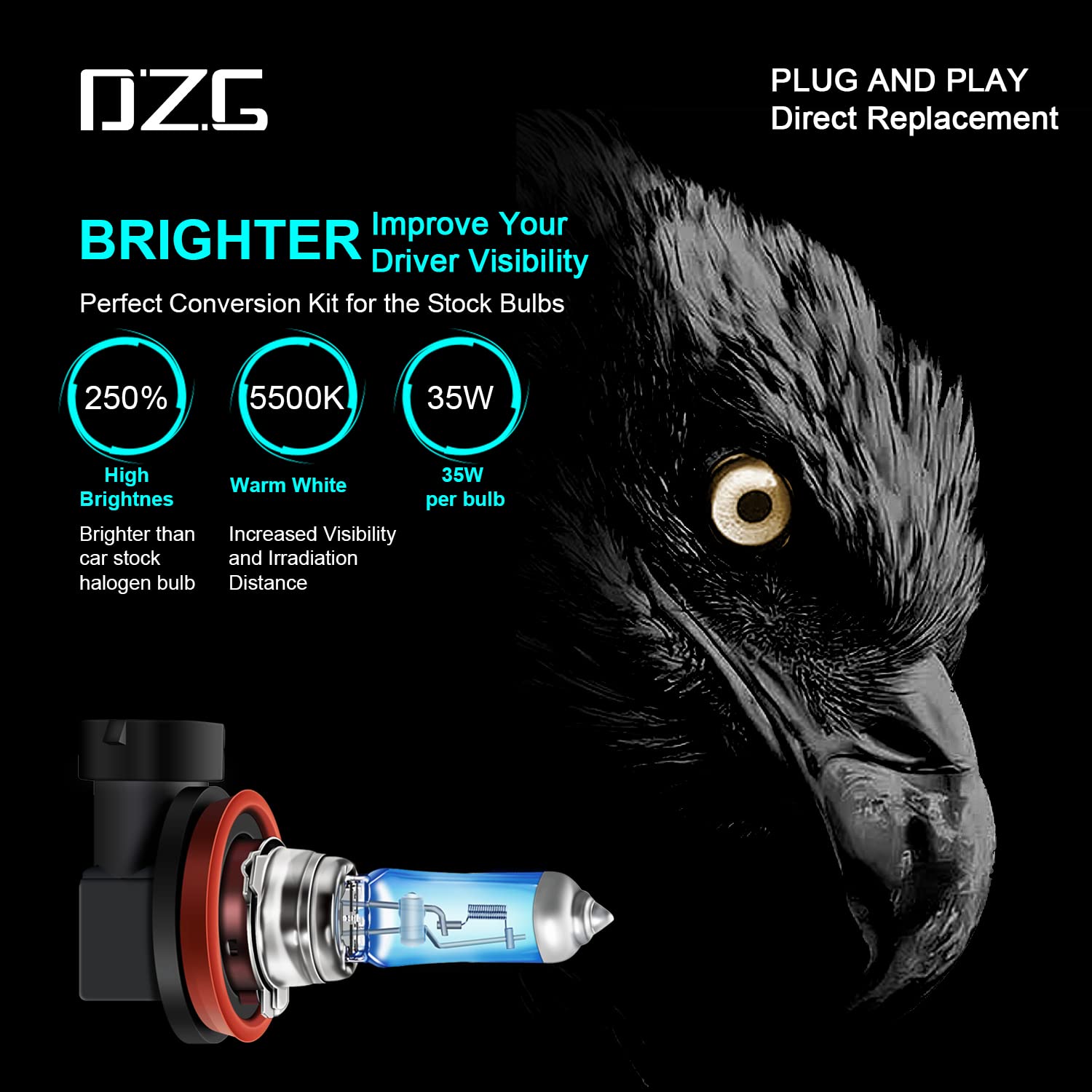 DZG H8 Halogen Headlight Bulbs 35W PGJ19-1 5500K Warm White, High Low Beam, Pack of 2, H8 Size, Blue Color