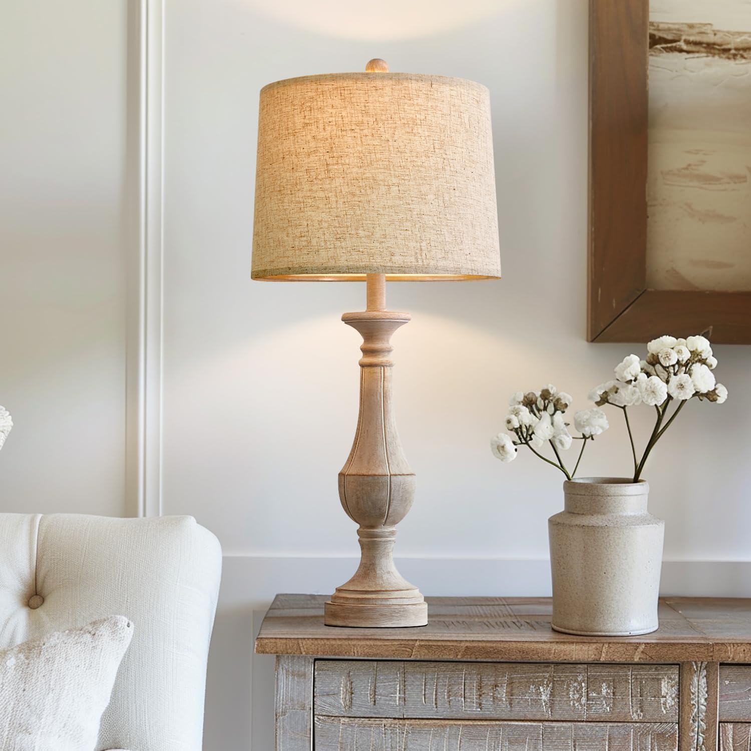 PoKat Table Lamp with 2 USB Ports, Distressed White, Mid Century Design for Living Room or Bedroom, 27.25 inches