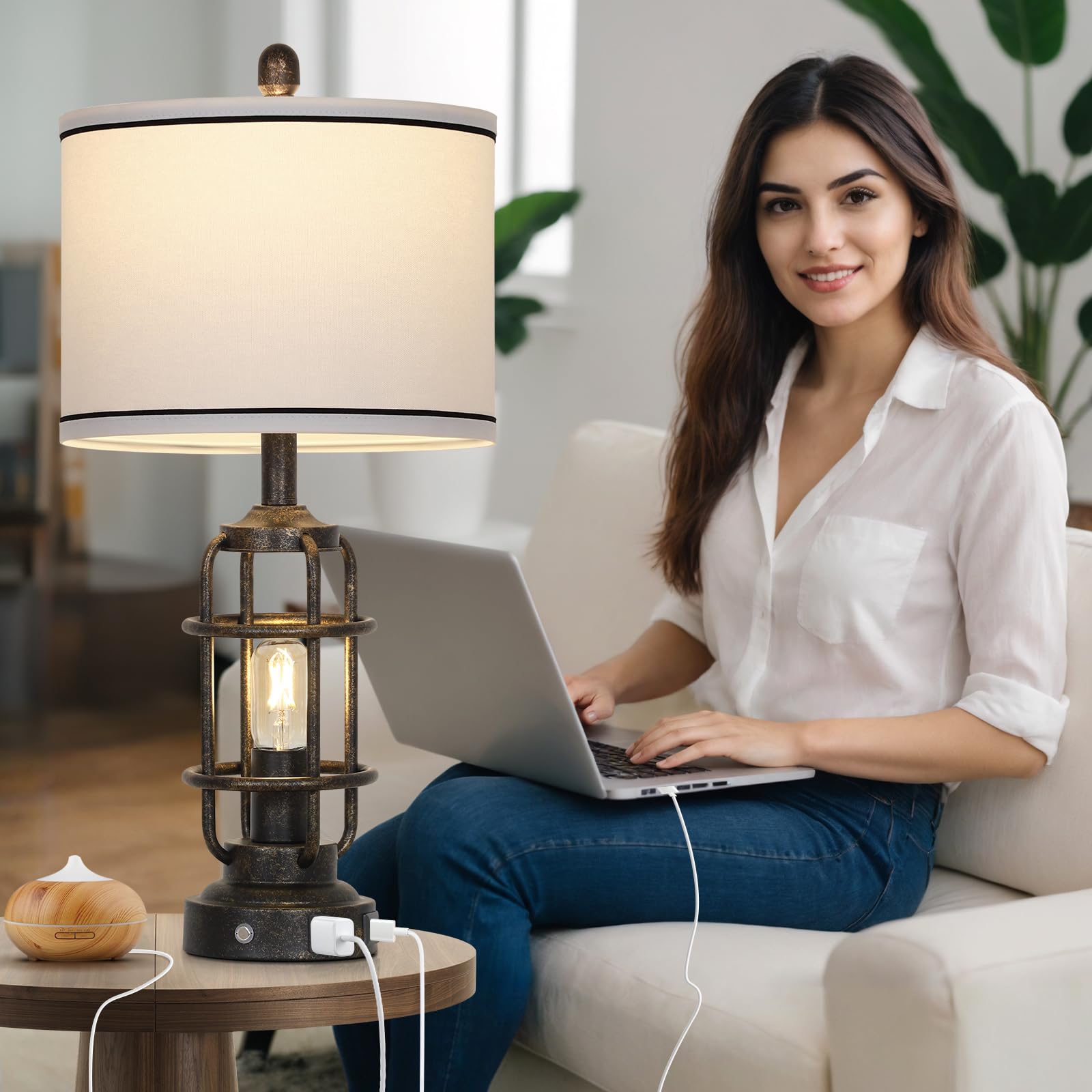 26'' Vintage Industrial Table Lamps Set Of 2, Farmhouse 3 Way Dimmable Touch Control Led Night Lights Table Lamp With Usb A+C Po