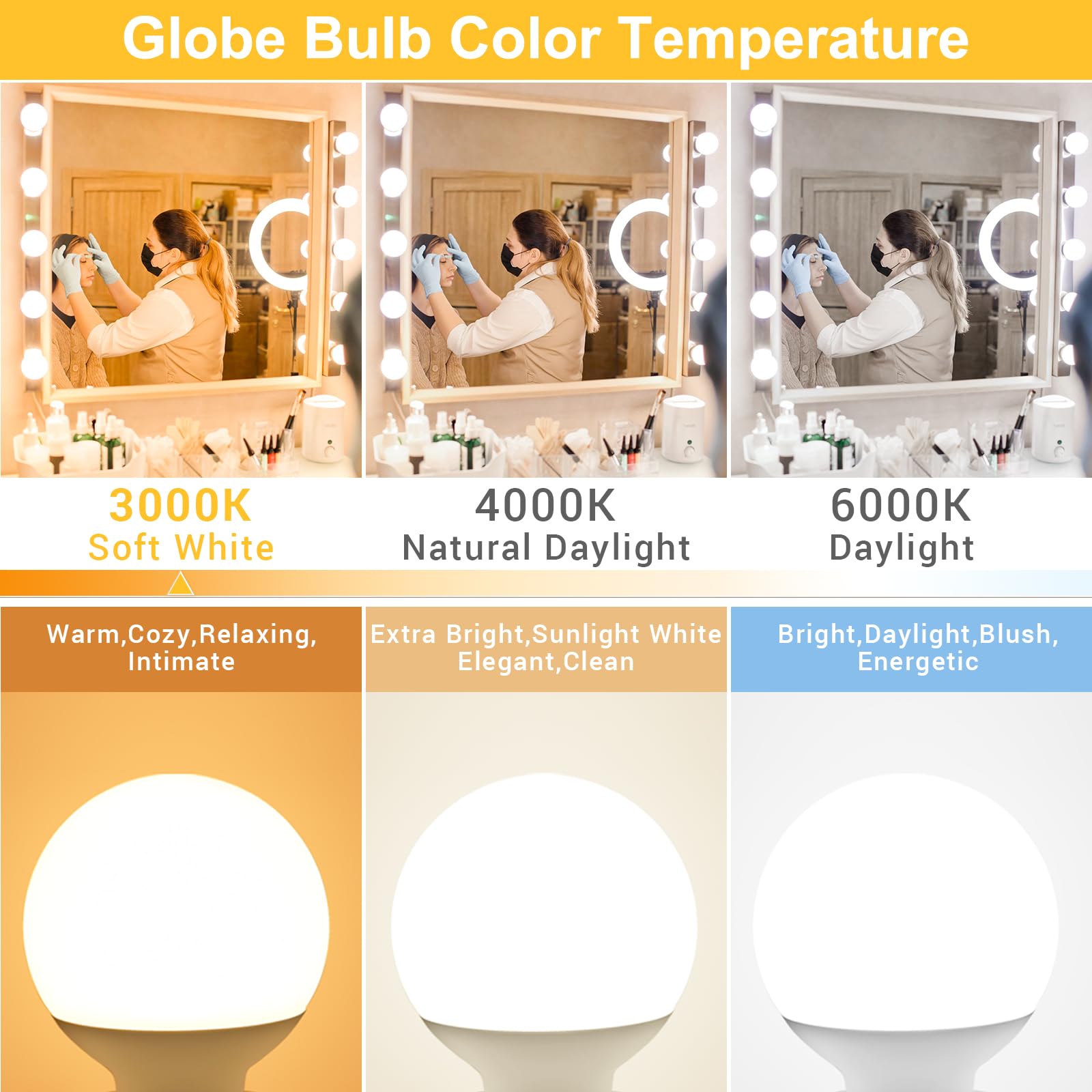 hansang 12 Pack 3000K Soft White LED Globe Bulbs, E26 Base, 60W Equivalent, Non-Dimmable, 500LM for Makeup Mirror & Bathroom