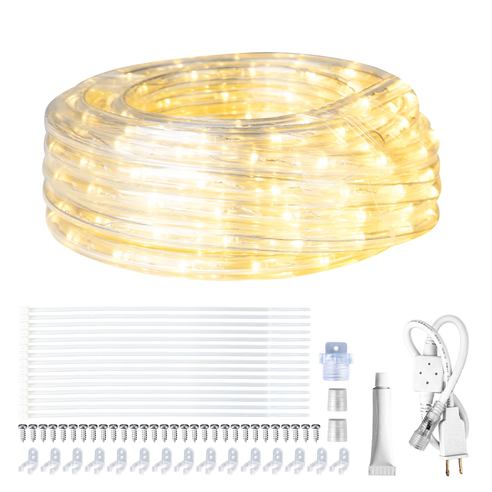 SURNIE LED Rope Lights Outdoor Warm White, Waterproof 25FT Cuttable 3000K Soft Lighting Indoor 110V Flexible Clear Tube for Bedr