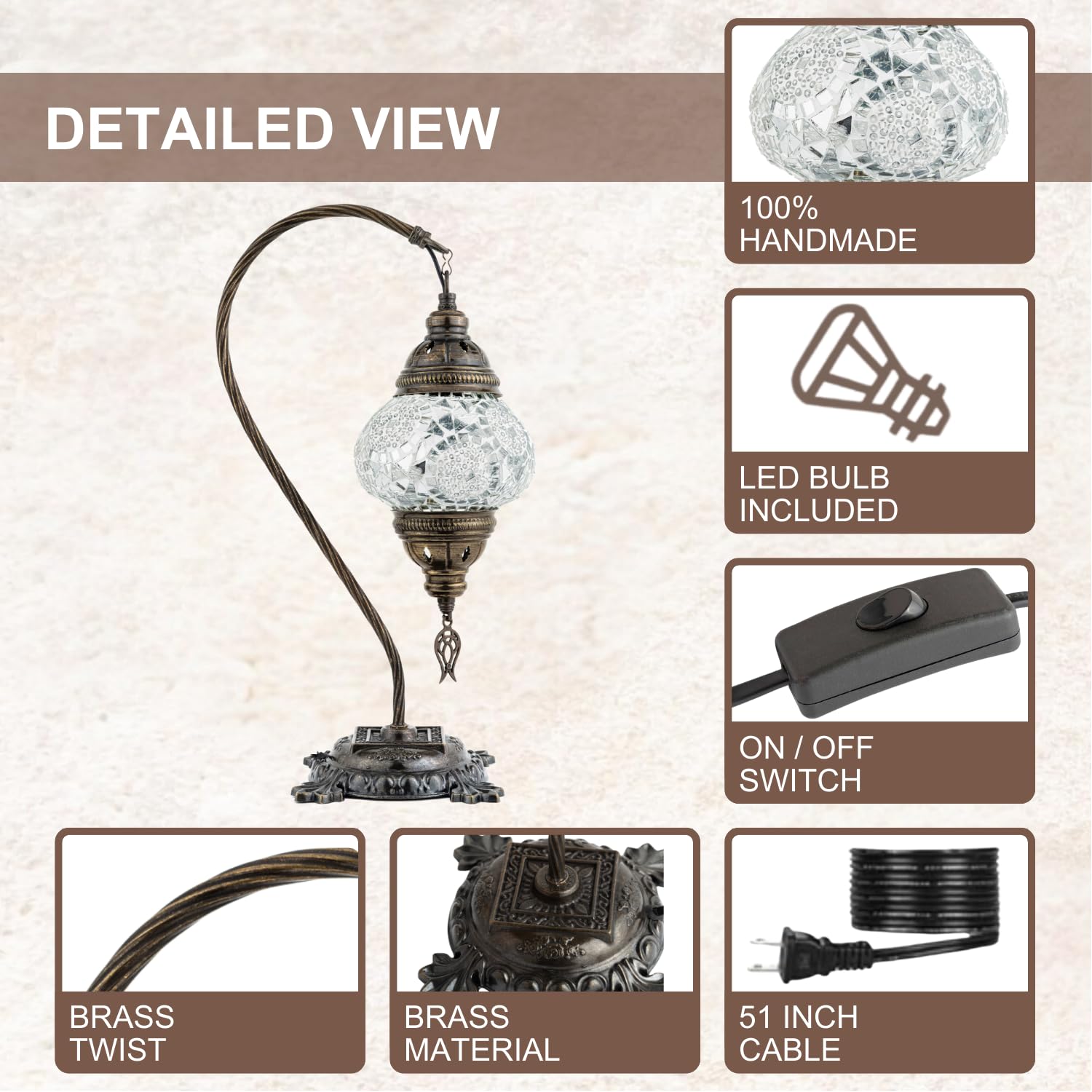 Kafthan Turkish Mosaic Lamp – Handmade Glass Bedside Lamp, Antique Brass Base, White Circles, Model ASNML50369, Bulb Included