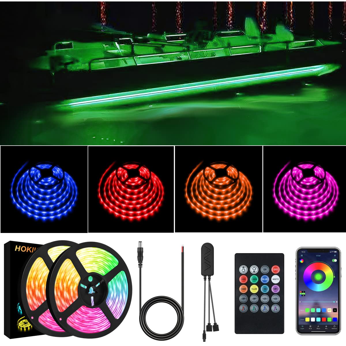 HOKIION LED Strip Boat Lights Kit, 50FT, RGB, Bluetooth Multi-Color, Waterproof, APP/Remote Control, Model HK2648