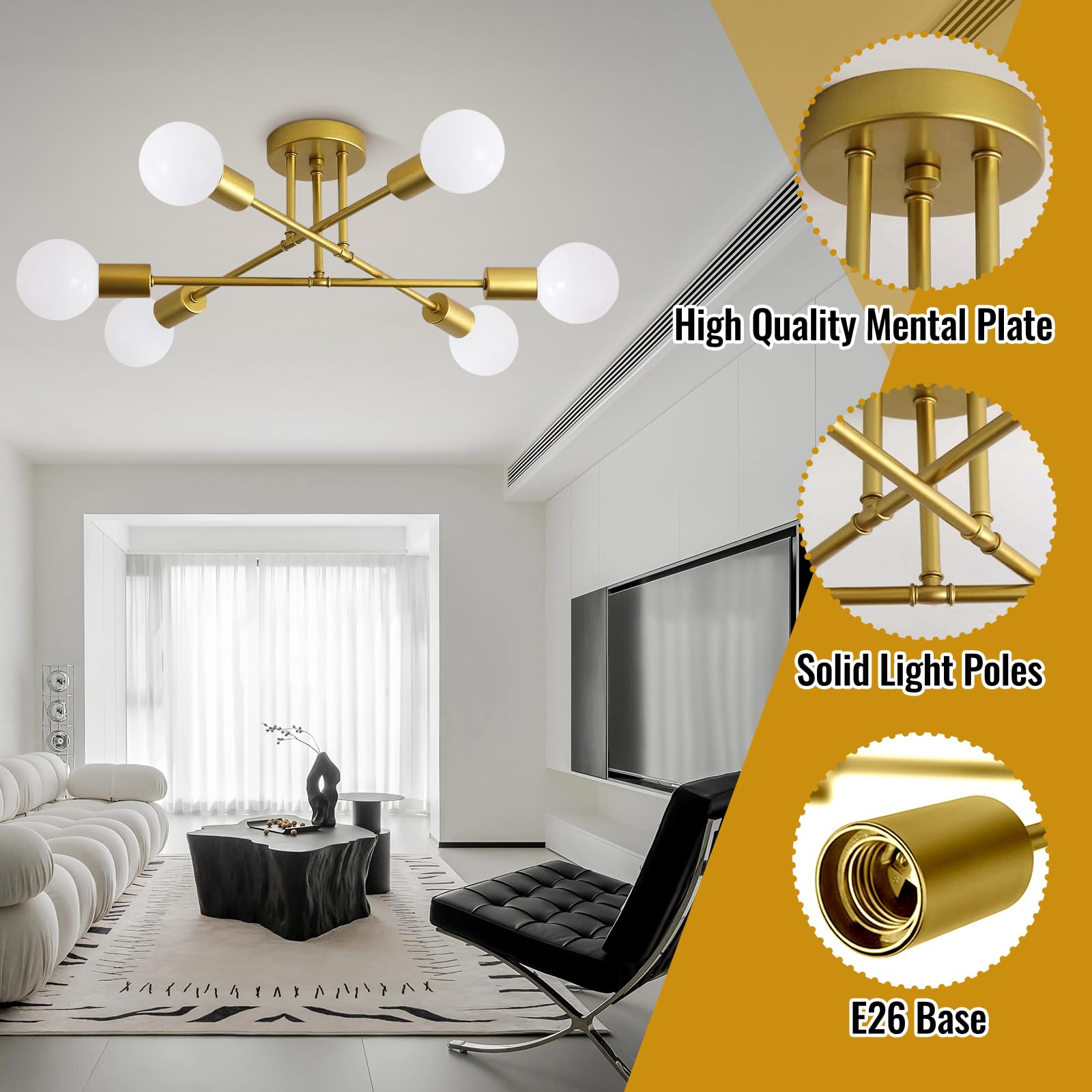Maichixin 6-Light Ceiling Light Fixture, Modern Gold Sputnik Chandelier, Semi Flush Mount for Living Room