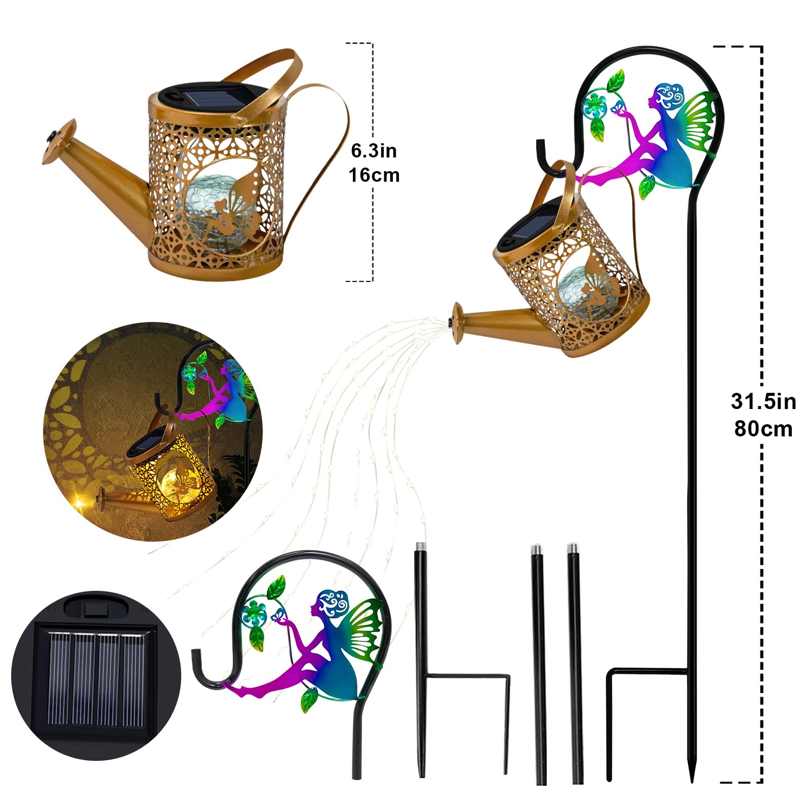 Ostritec Solar Lights Outdoor Decorative, Solar Watering Can With Cascading Lights, Waterproof Metal Solar Lantern With Fairy Sh