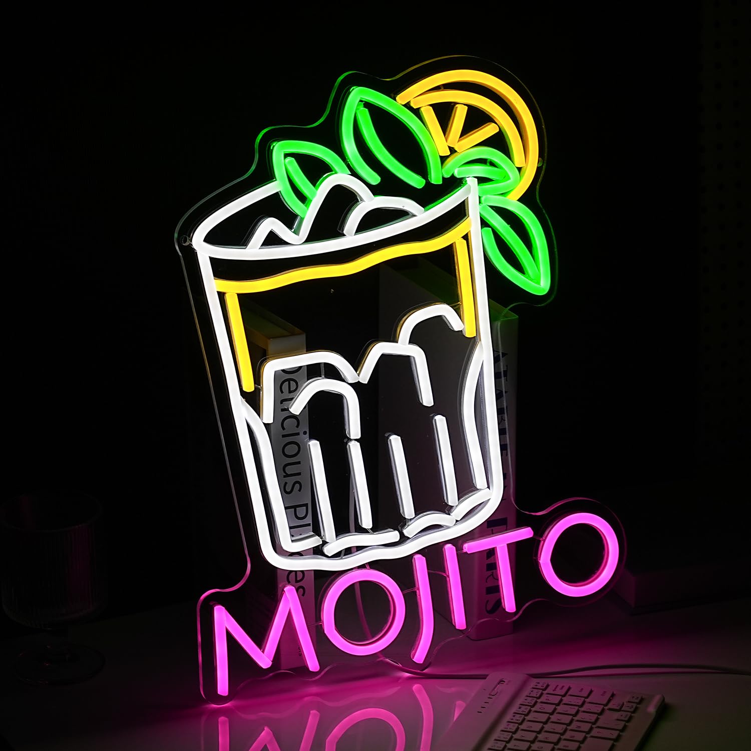 LIUOZHTEA Neon Sign - Mojito Cocktail LED Light for Wall Decor, Dimmable, USB Powered, 16.7 x 12.8 inches, Pink White Yellow Green