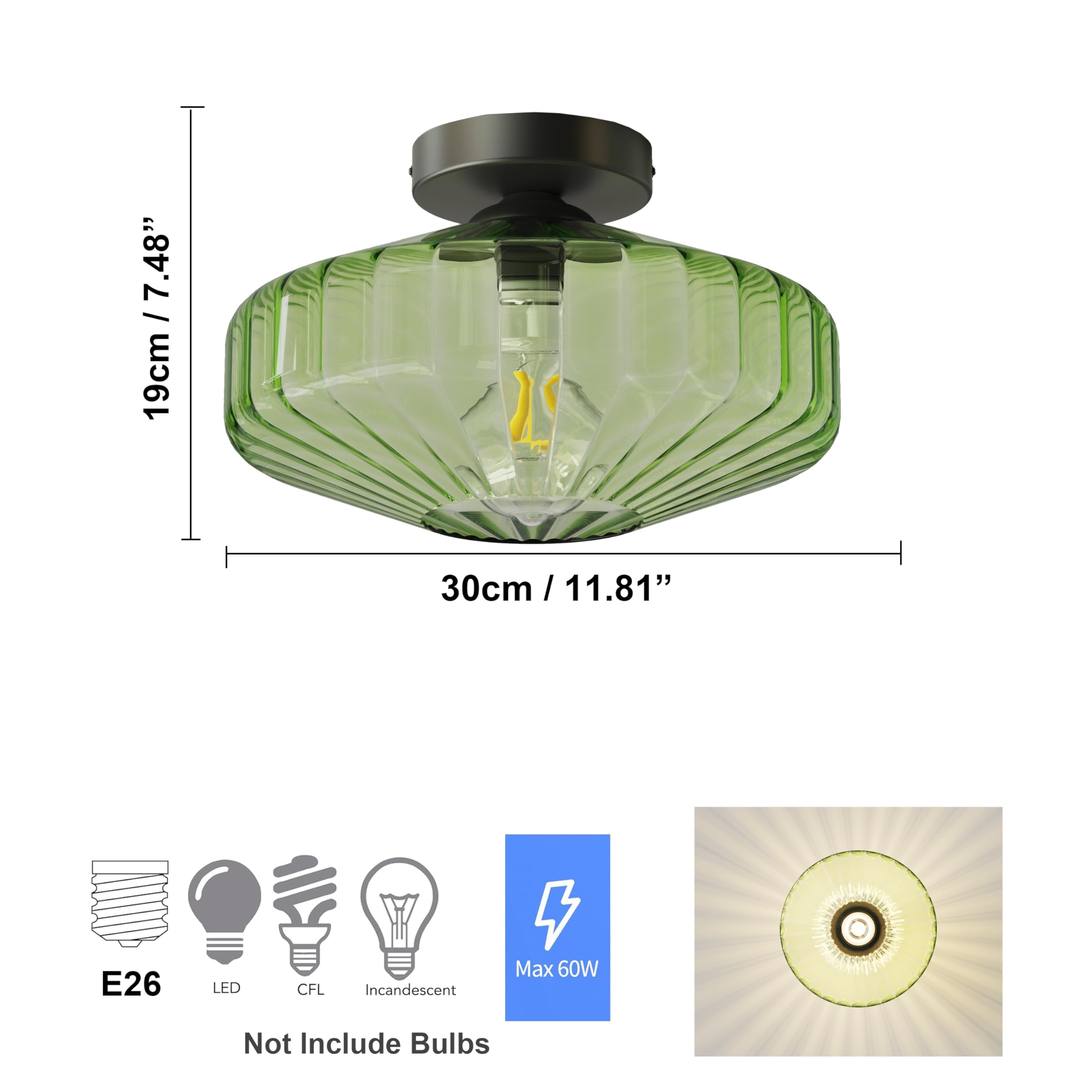 FCTWAKS Semi Flush Mount Ceiling Light, 11.8" Green Glass Shade, Mid Century Modern Design for Bedroom, Entryway, Foyer - Model XDD-DrumAmberGlass