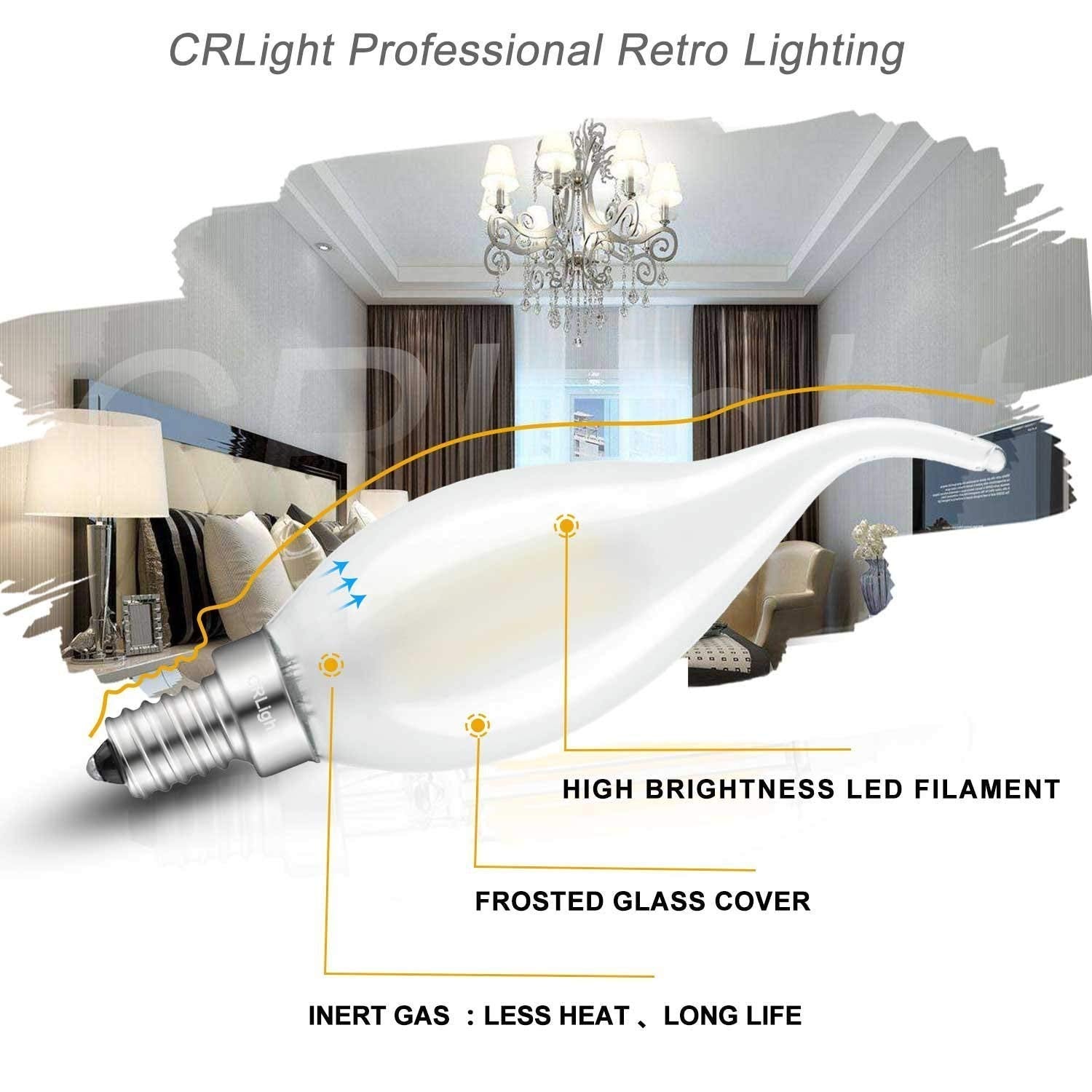 Crlight 2W Dimmable Led Candelabra Bulb 4000K Daylight White, E12, 6 Pack