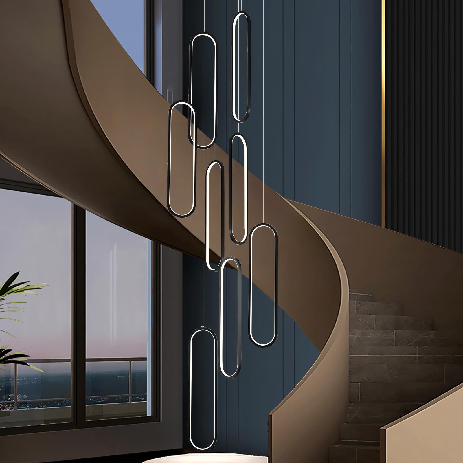 GEADI Modern Led High Ceiling Chandelier with Remote  Dimmable Foyer Chandeliers for High Ceilings  Black Large Staircase Pendant Light Fixture for Entryway(8 Lights 3000-6500K