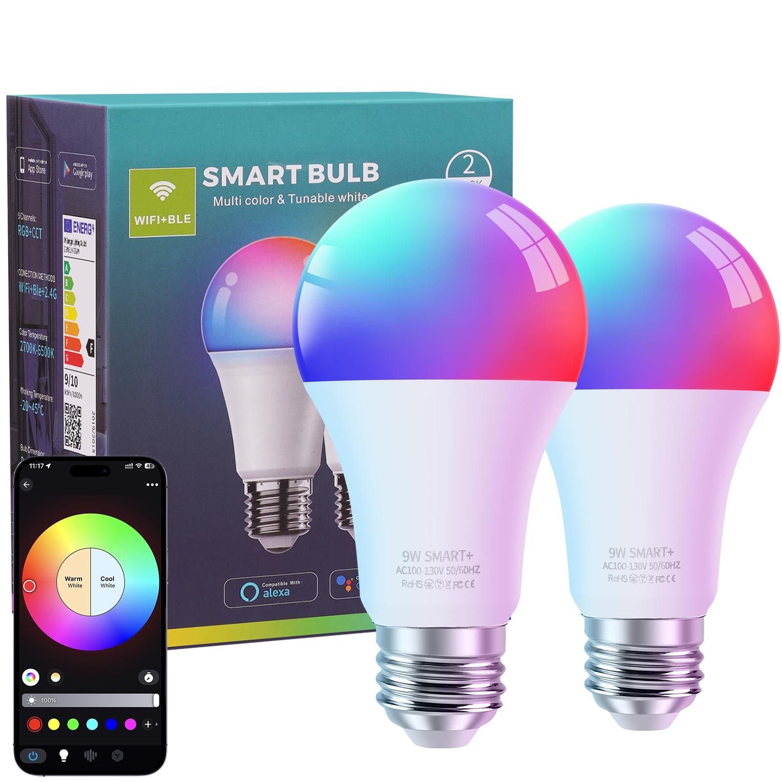 Frideko Home Smart Light Bulbs 2 Pack - Led Light Bulbs Color Changing, Wi-Fi & Bluetooth Light Bulbs Compatible With Alexa And 