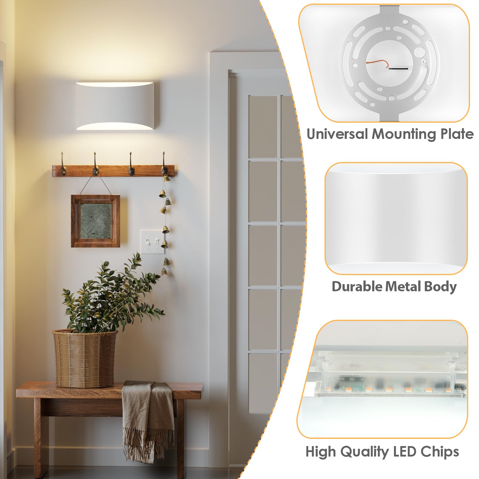 FOLKSMATE Modern LED Wall Sconces Set of 2, 3000K Warm White, 9.06inch Metal, White, Model XYBY-LED for Indoor Use
