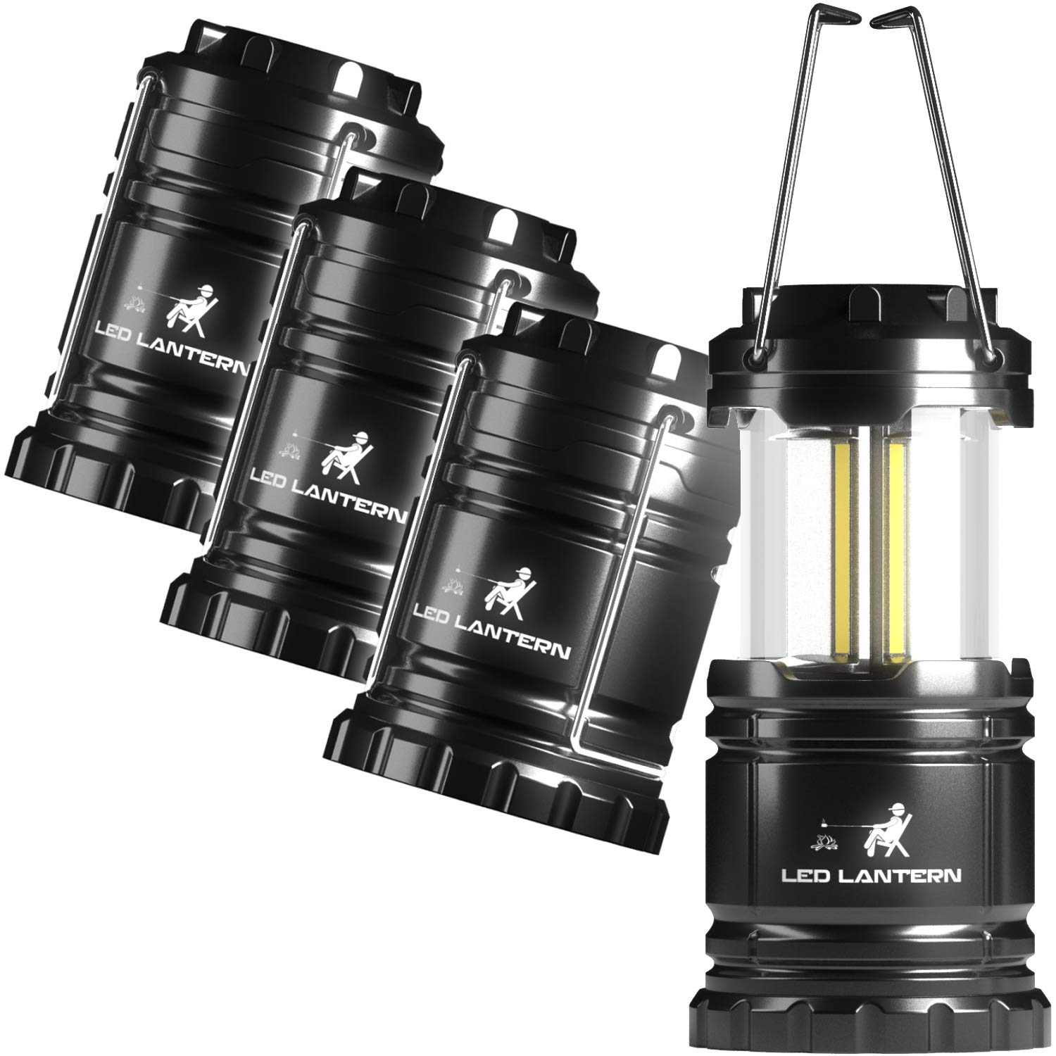 MalloMe LED Camping Lantern Flashlights - 350 Lumen - 4 Pack - Collapsible - Black