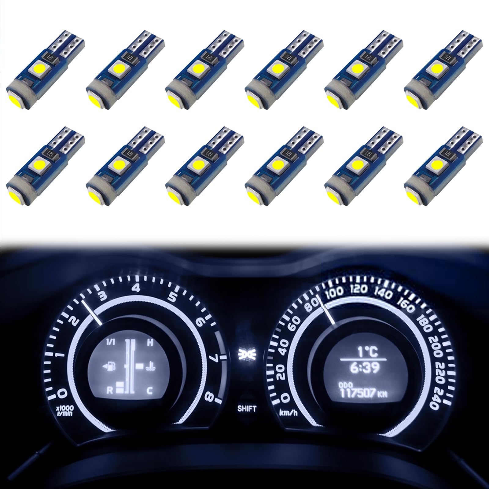 ecocstm 12 PCS T5 LED Bulbs  74 73 37 2721 Instrument Cluster Light Bulb  12 Volt Bright Canbus Error Free LED Dashboard Light Bulb  3030 SMD Automotive Replacement Bulbs (White)