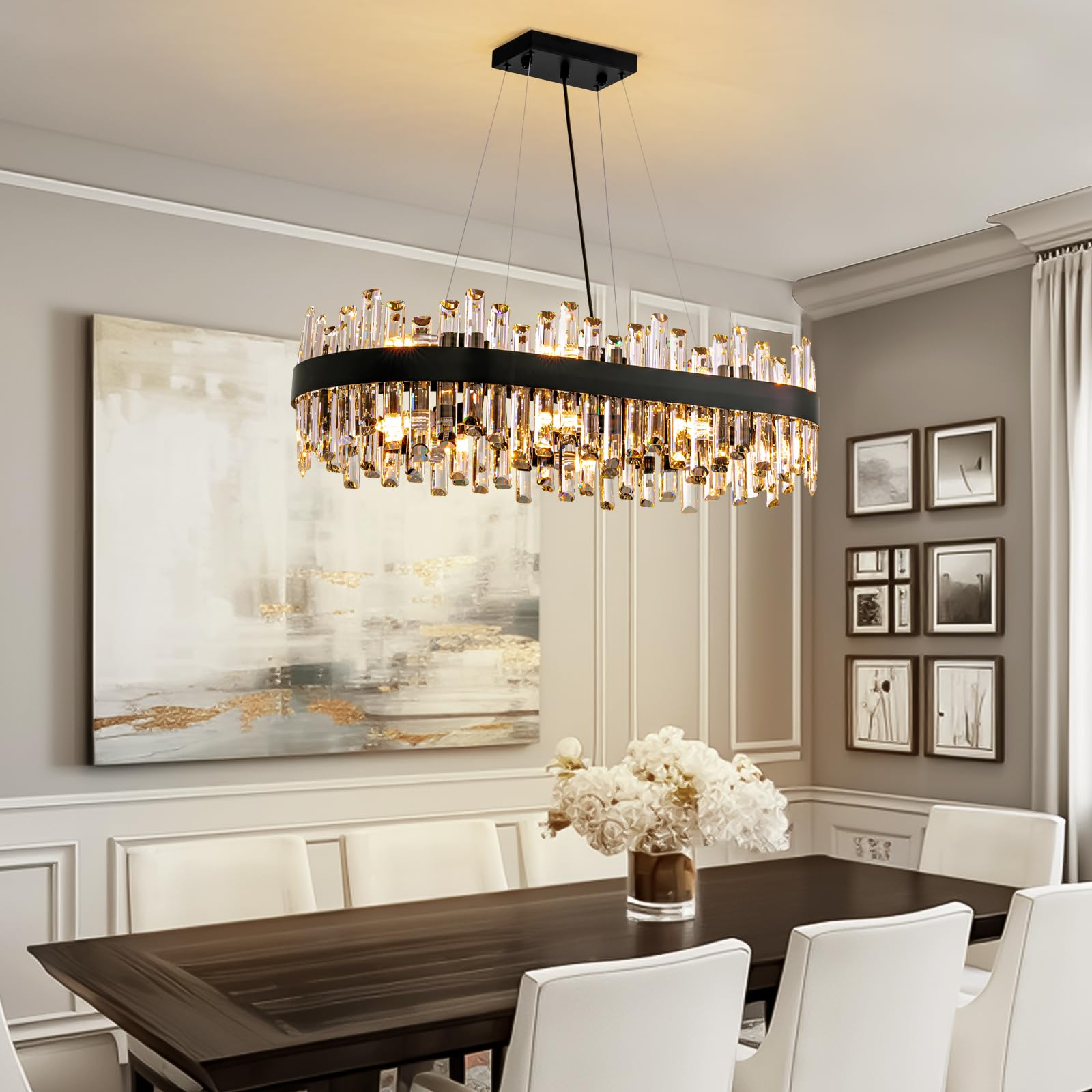 Siljoy Modern Black Crystal Chandelier 16-Light Rectangular 2 Tiers Flush Mount Raindrop Ceiling Light Luxury Oval Hanging Penda