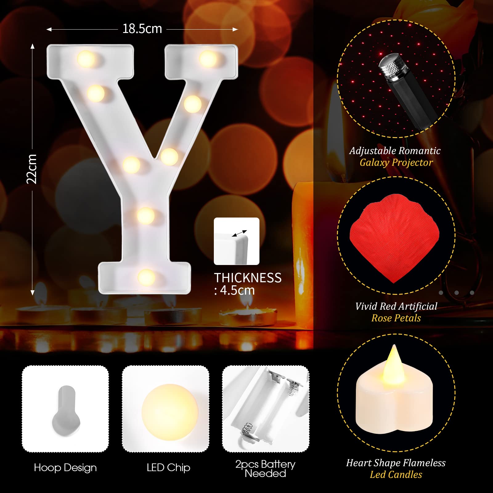 Fumete Letter Lights Night Light with 4000 Rose Petals & 72 Candles, USB Powered, Red, Model Fumete-Night Light-06
