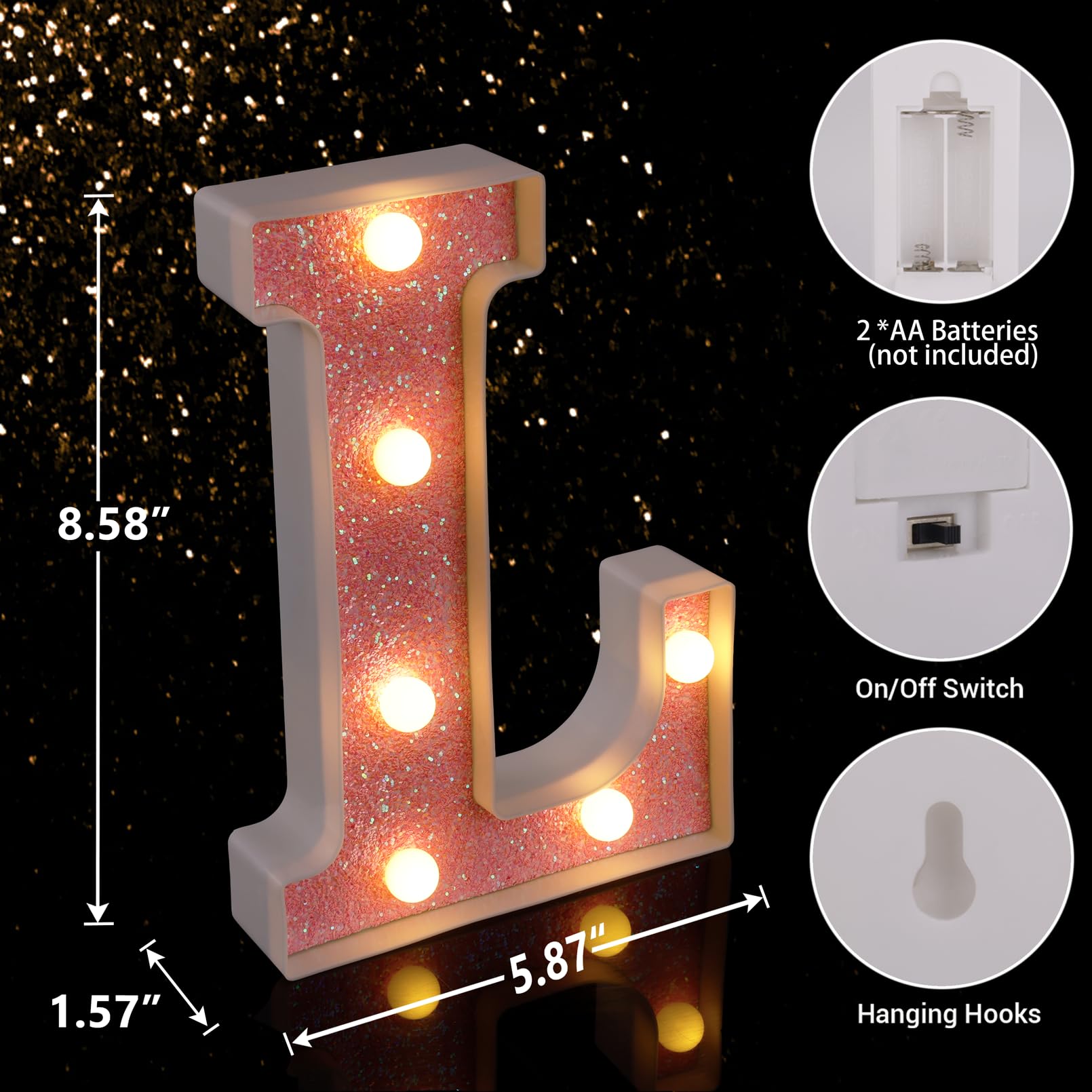 TRONSBOO LED Letter Light - Pink Glitter Marquee Sign, Battery Powered, 5.87in x 8.58in x 1.57in, Model TRONSBOO-N,