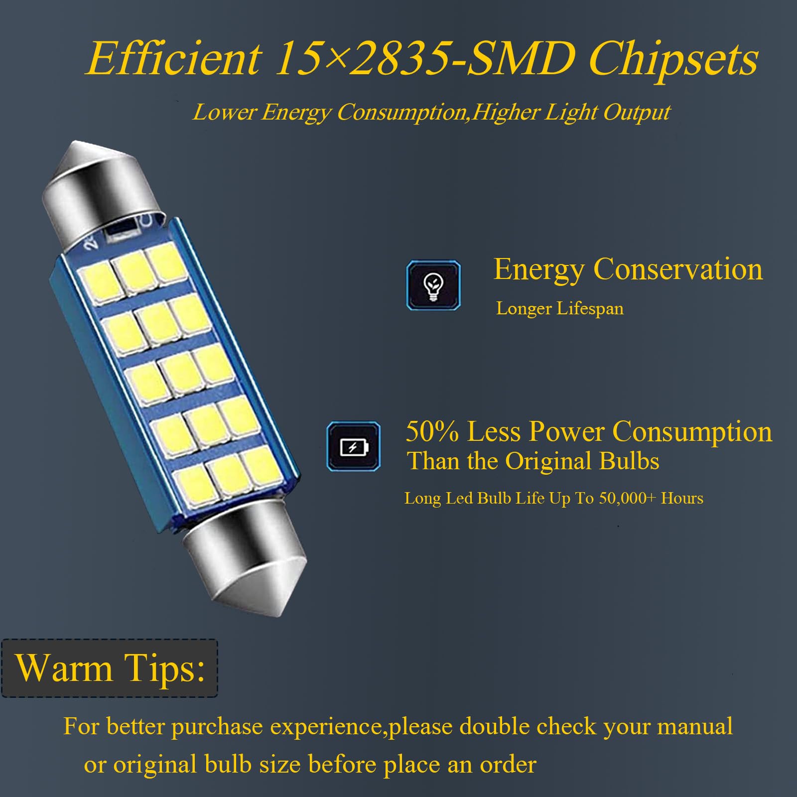 GKmow 578 LED Bulbs, 400LM, 6500K, 2 PCS, White, Model GKCD703WH-2PS for Interior Dome Map Door Lights