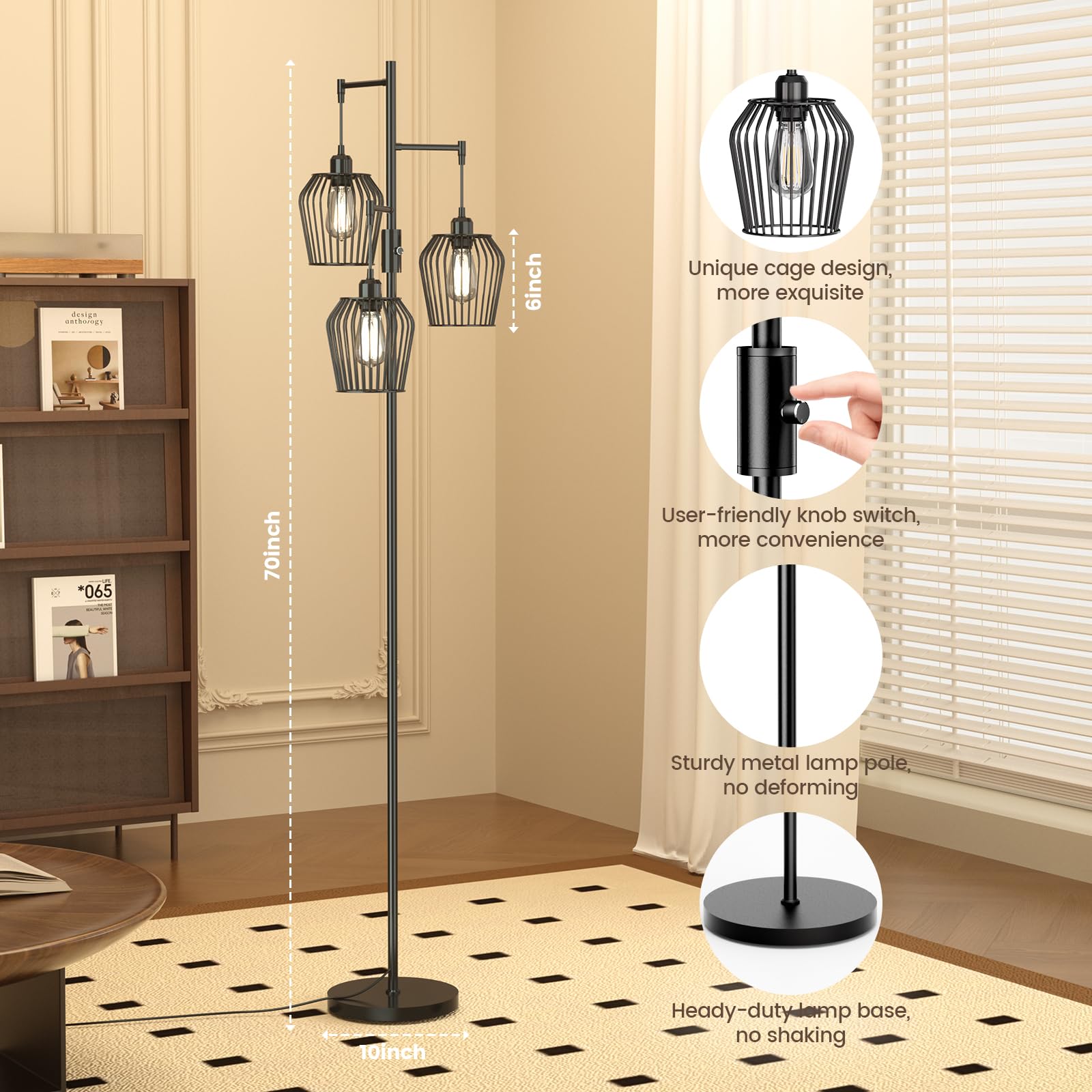Sibrille Dimmable Floor Lamp, Farmhouse Industrial Floor Lamp With Elegant Cage & 3 X 1000Lm Led Bulbs, Tall Standing Lamp Black