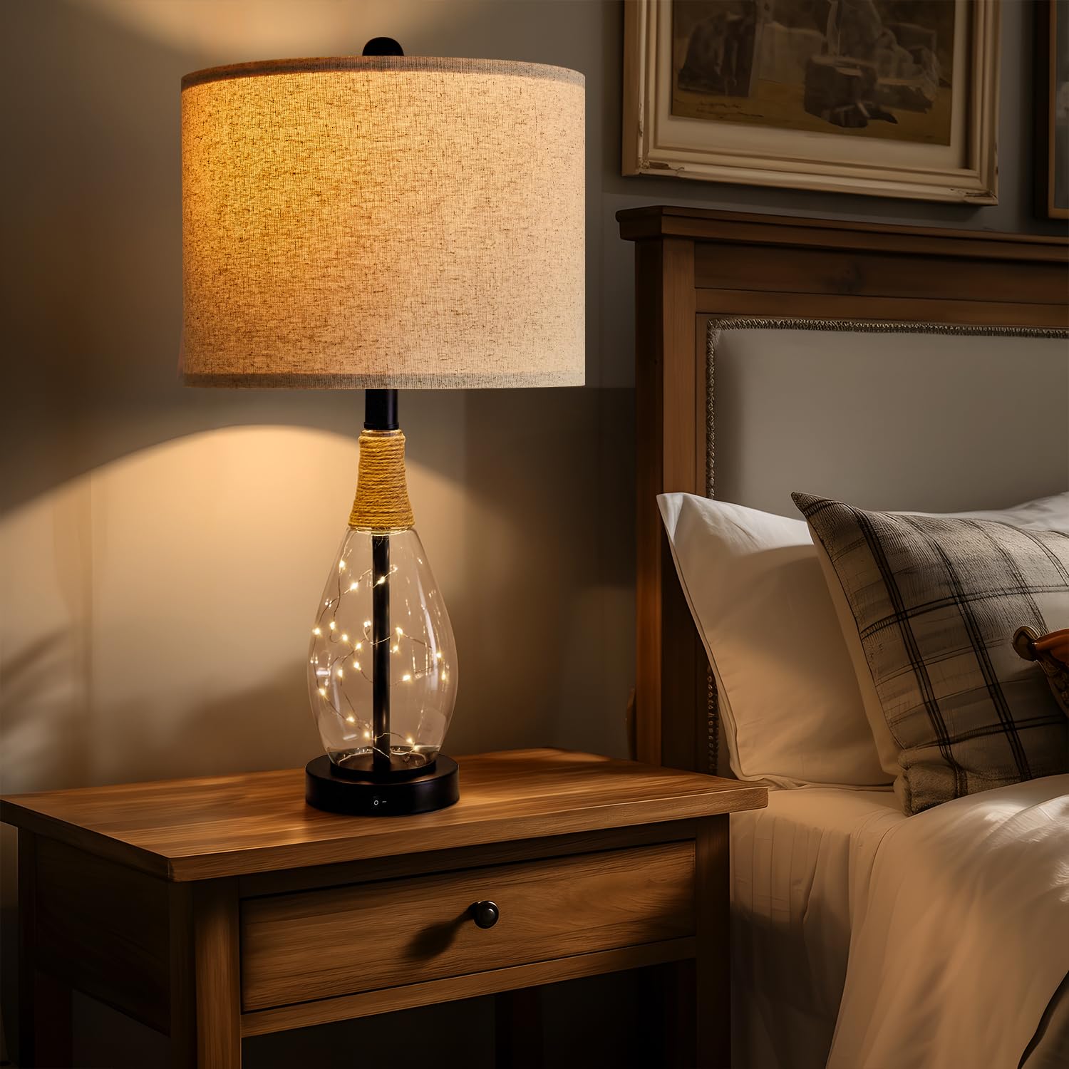 OYEARS USB A+C Table Lamp, Modern Black Rattan Glass Nightstand Lamp, 23in, Two Light Points, Farmhouse Style