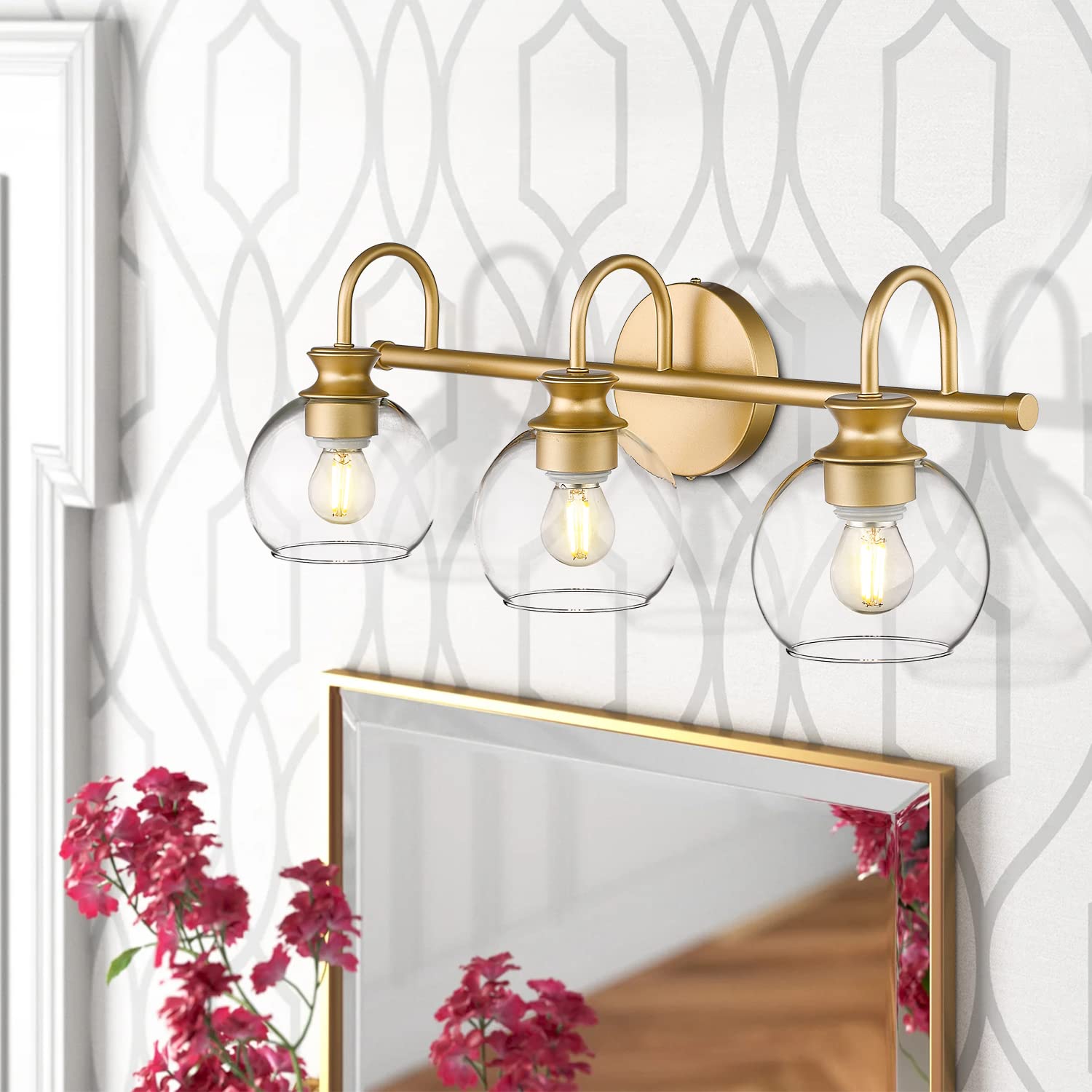 Hanass Gold 3-Light Globe Bathroom Vanity Light Fixture With Glass Shade, 21 Inch