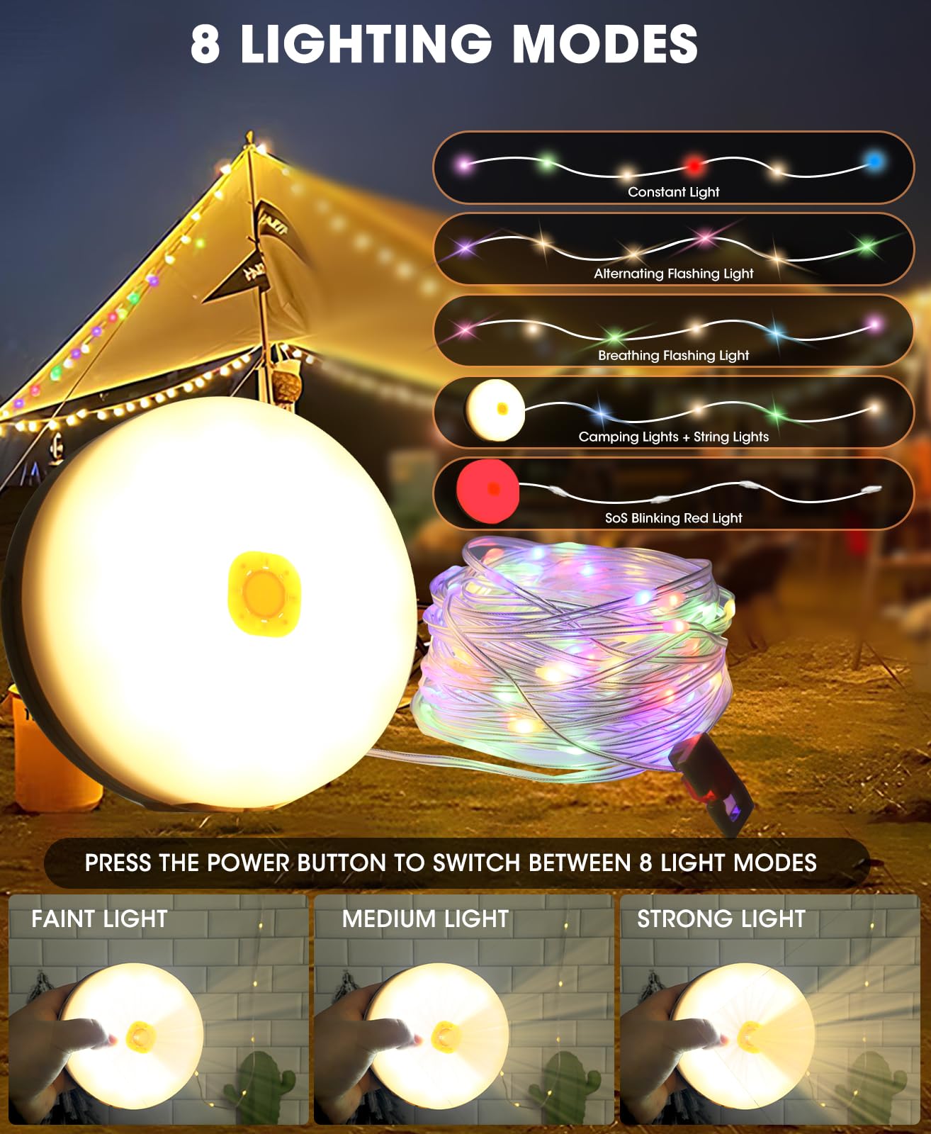 Solar Camping String Lights , 2 in 1 Multi-Color Outdoor String Lights with 8 Lighting Modes(39.4Ft), Solar Power and USB Rechar