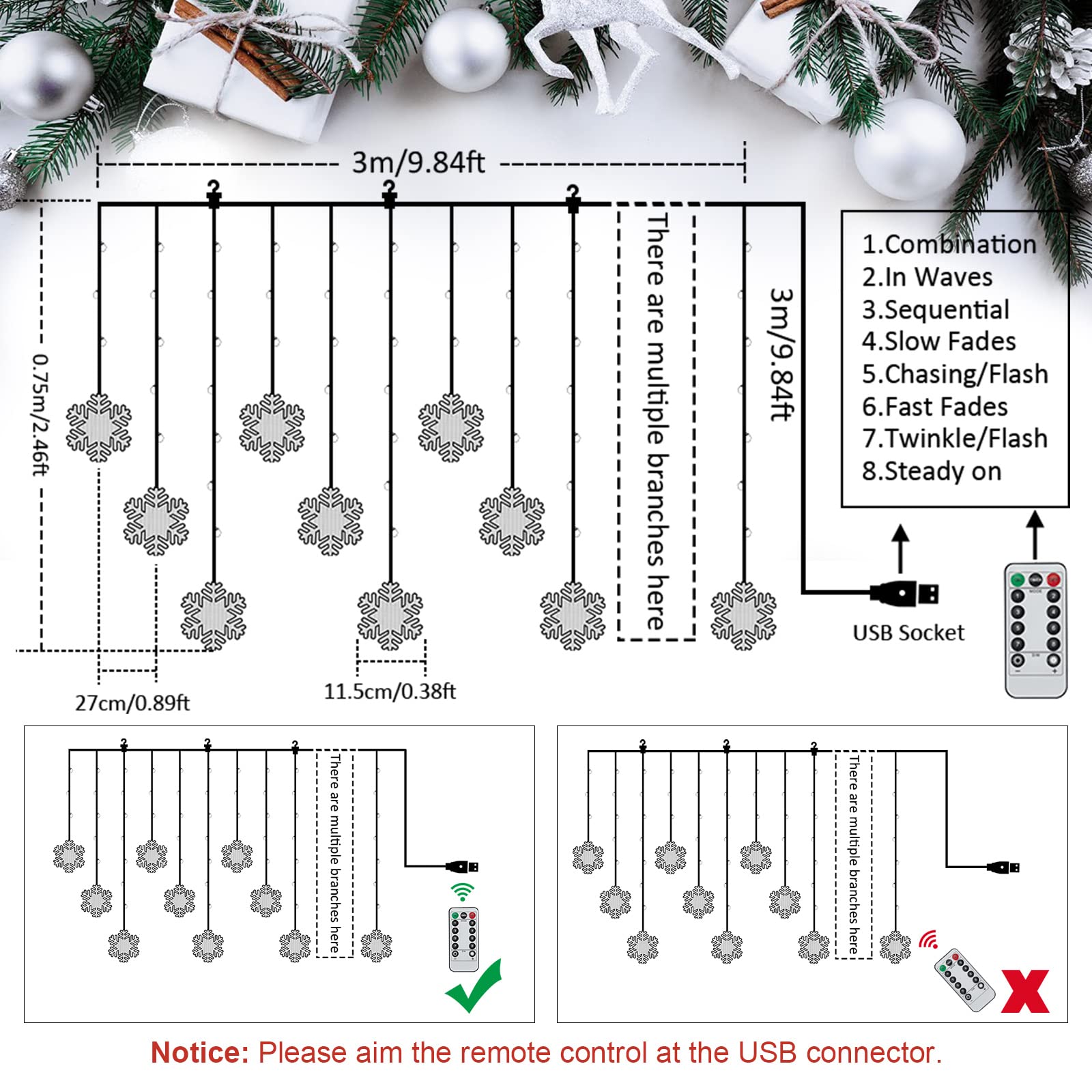 Bloomwin Window Lights Christmas Decor 10Ft 12 Snowflakes Icicle Lights Usb Christmas Curtain Lights For Bedroom Indoor Wall Winter Decorations For Home Church Wedding Birthday, 8 Modes, Cool White