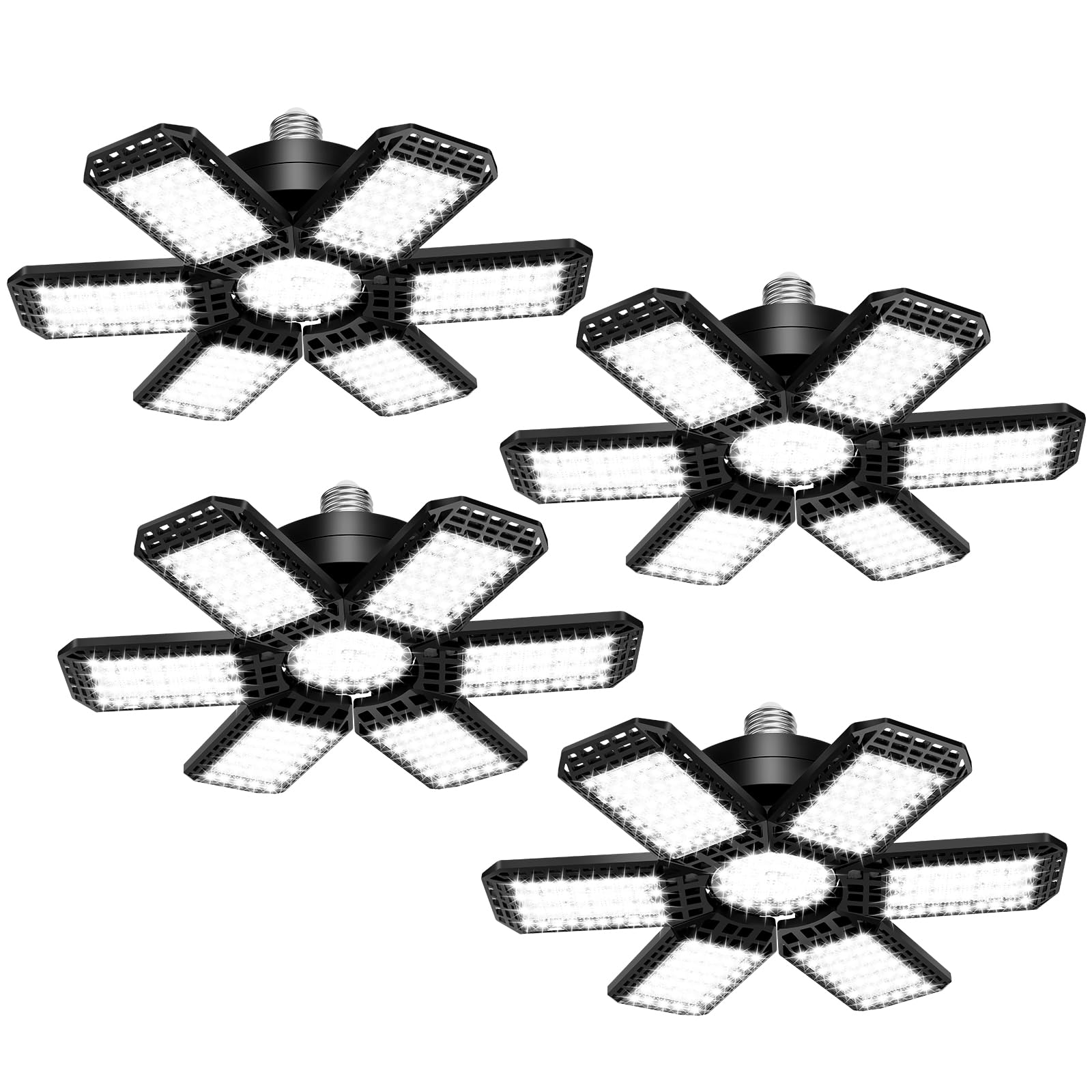 AUDLES LED Garage Light 200W 20000LM 6500K with 6+1 Deformable Panels, E26/E27 Socket, Black, 4 Pack