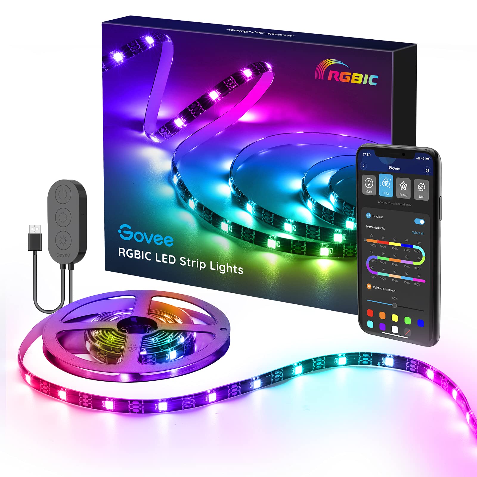 Govee TV LED Backlight with APP Control, Music Sync, Scene Modes, 6.56FT with RGBIC Color Changing for 30-50 inch TVs, USB Power