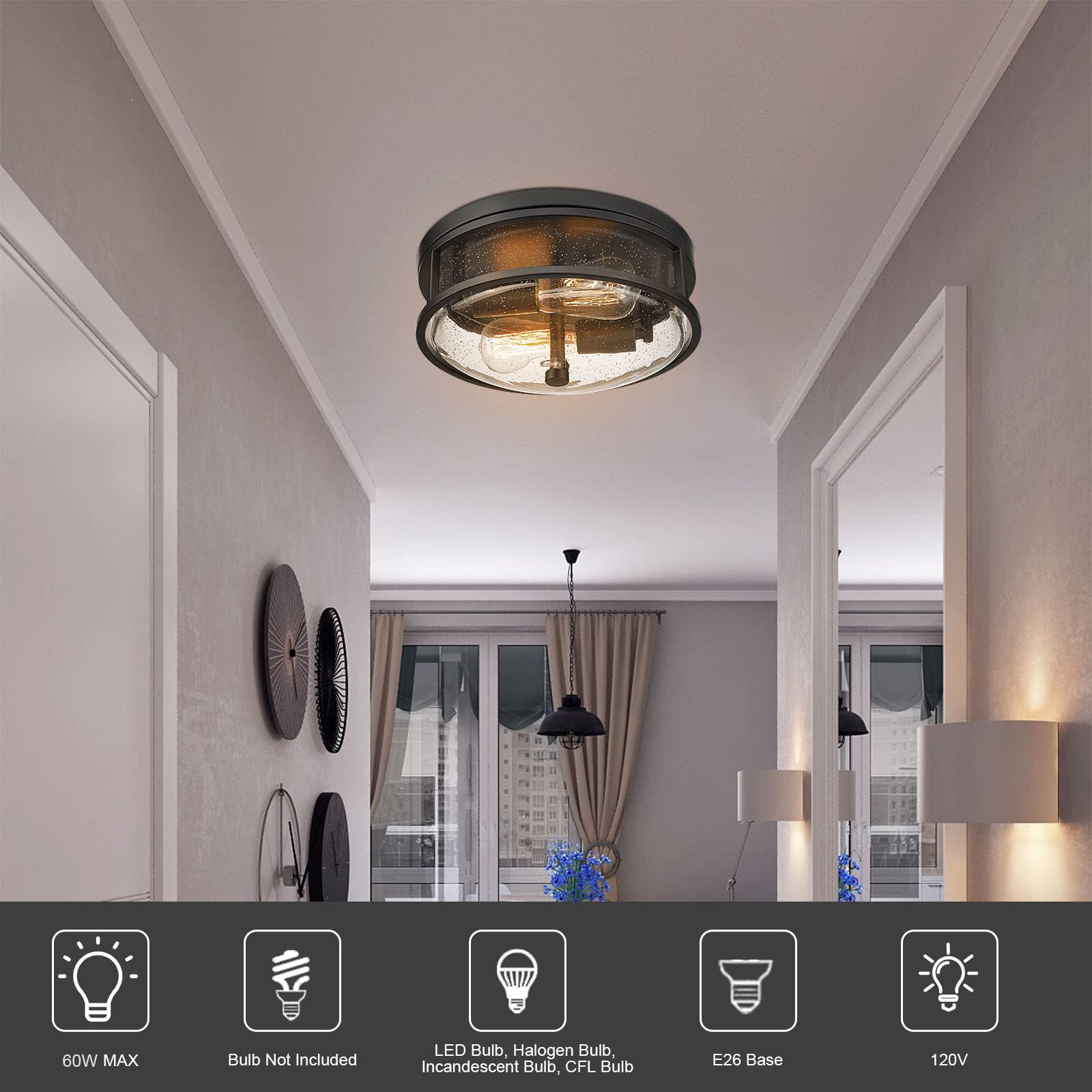 Rosient Flush Mount Ceiling Light Fixture, 12 Inch 2-Light Modern Farmhouse Semi Ceiling Light With Seeded Glass For Bedroom, En