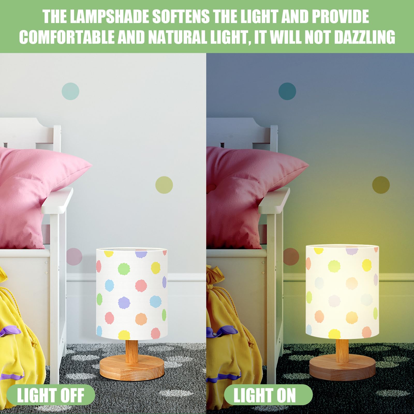Vihose Polka Dot Table Lamp For Bedroom Kids Bedside Lamp With Linen Wooden Nightstand Lamp Cartoon Nursery Lamp Lampshade For G