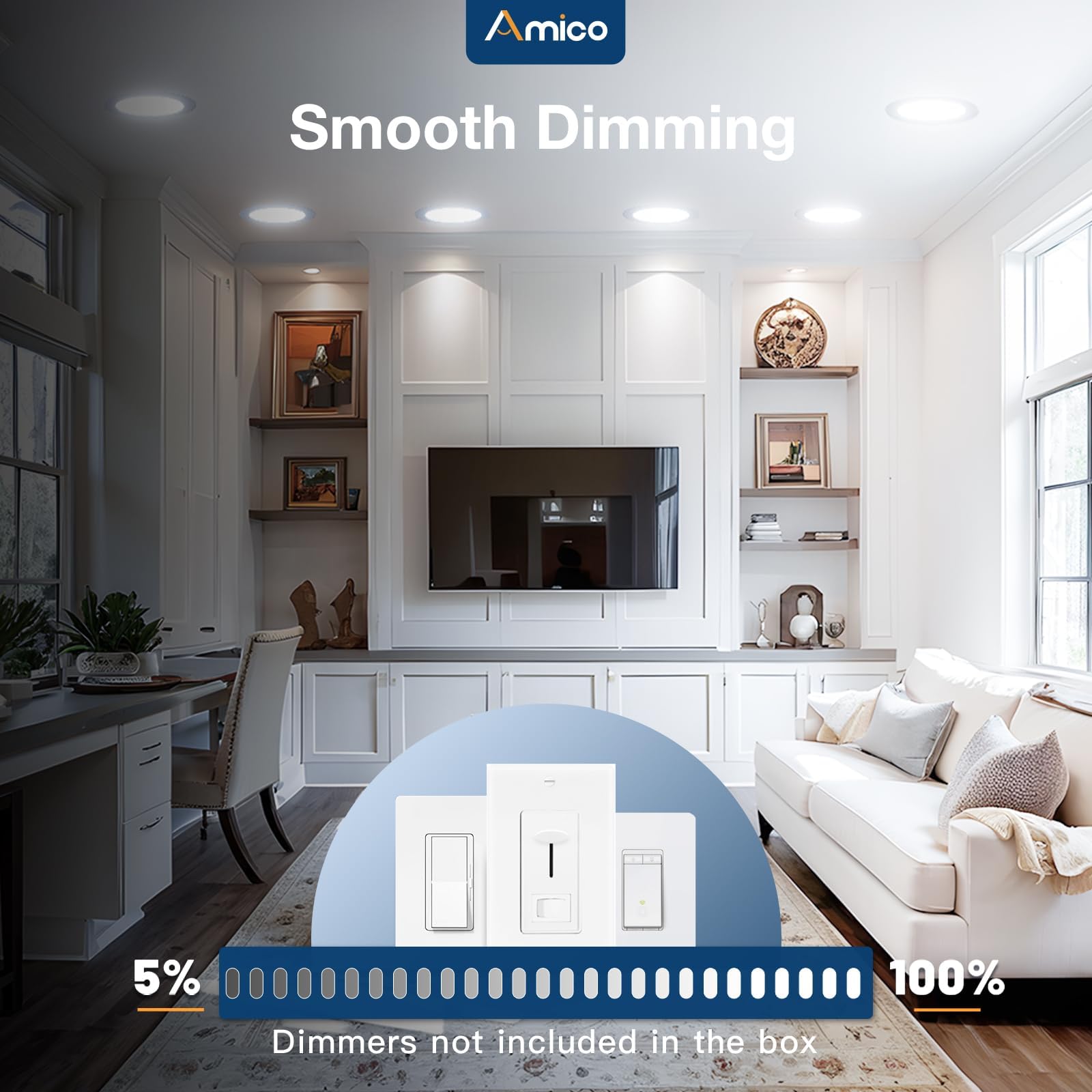Amico Ultra-Thin 5 Inch LED Canless Recessed Ceiling Light, 5CCT, Dimmable, 11W=75W, Model HS-STC510WH