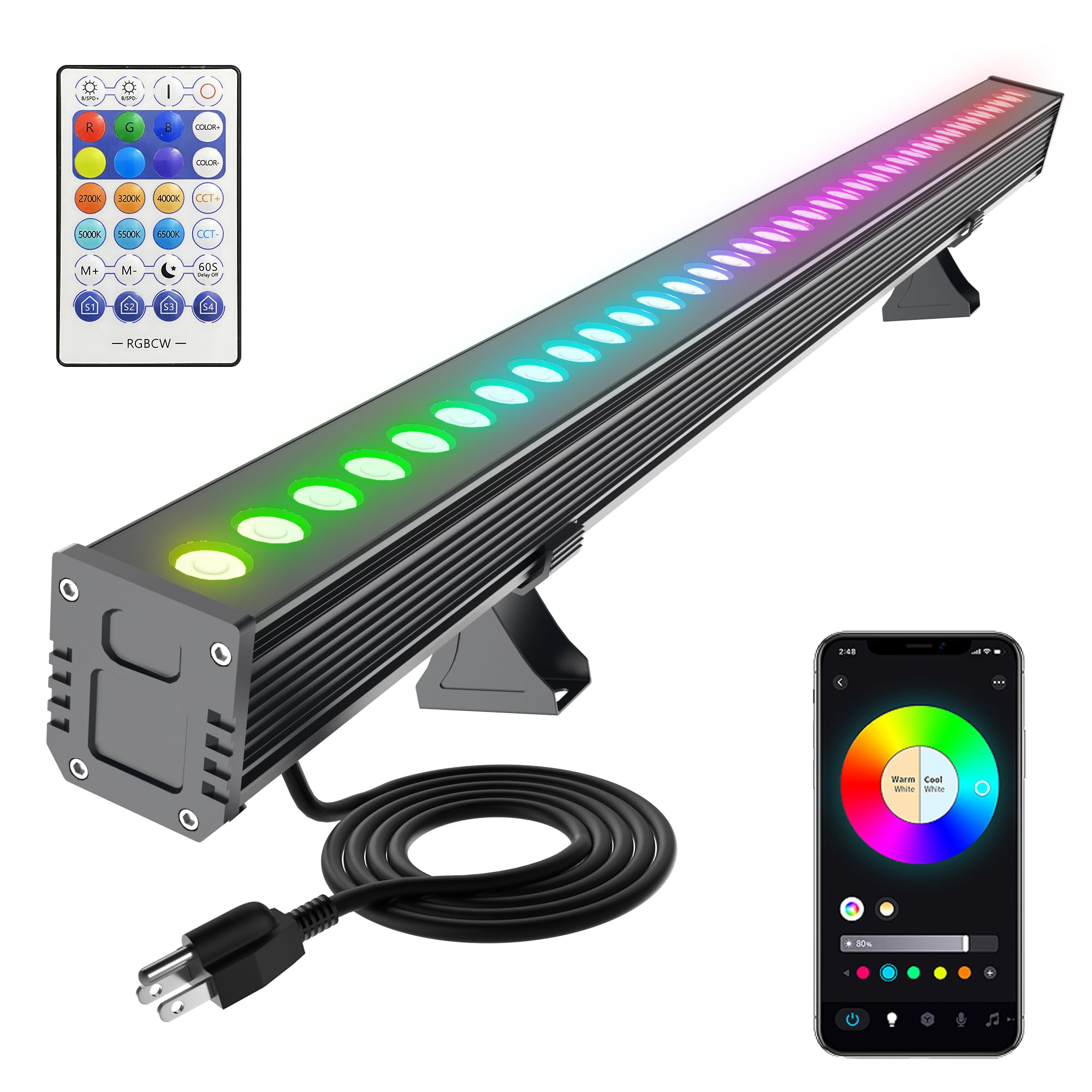 Yasotek Smart Wall Washer Light Dimmable APP Control, 180W RGBCW Color Changing Linear LED Light Bar with RF Remote Control, Gro