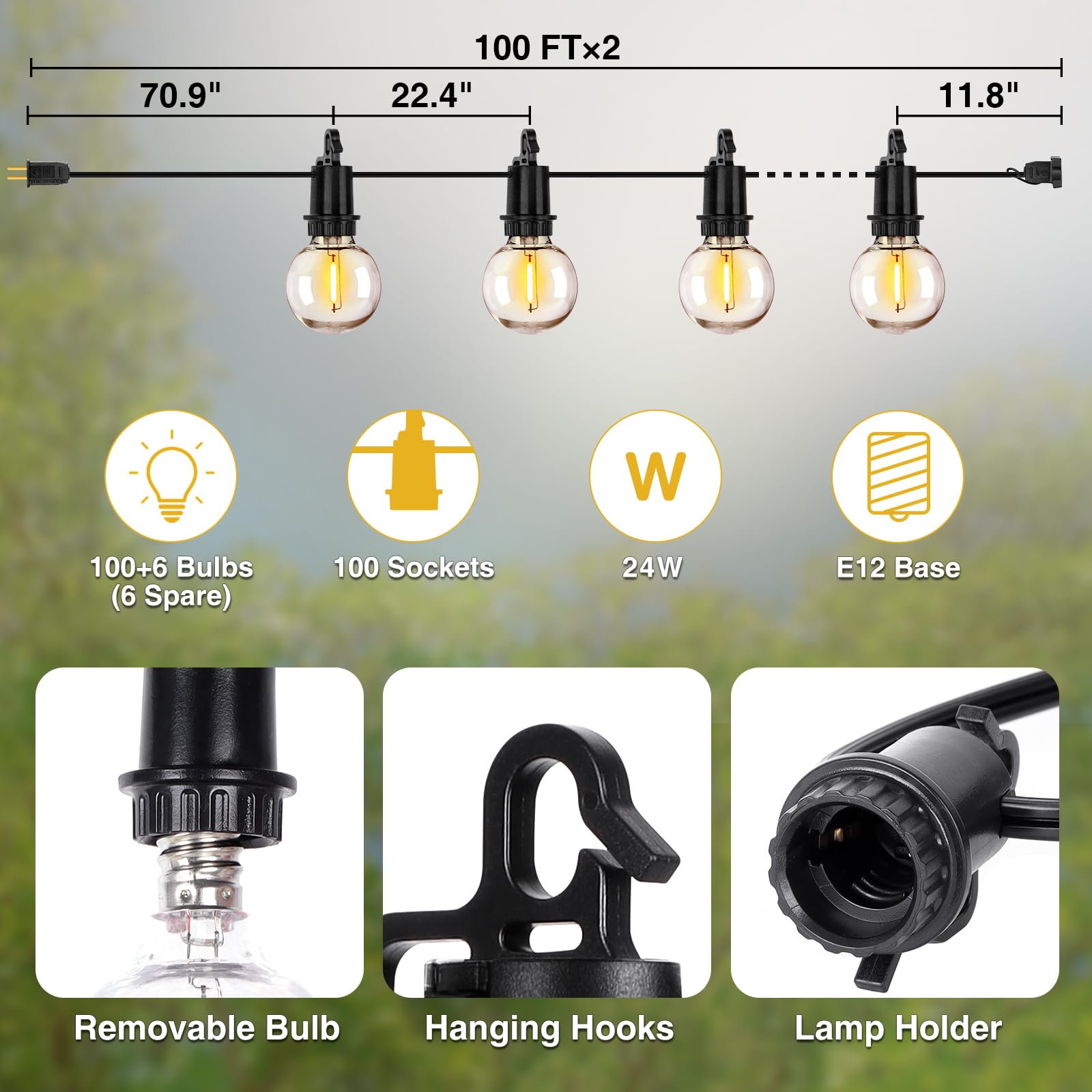 ZJOJO Outdoor String Lights, G40 Globe, 100 Shatterproof LED Bulbs, 200FT, Waterproof, Black