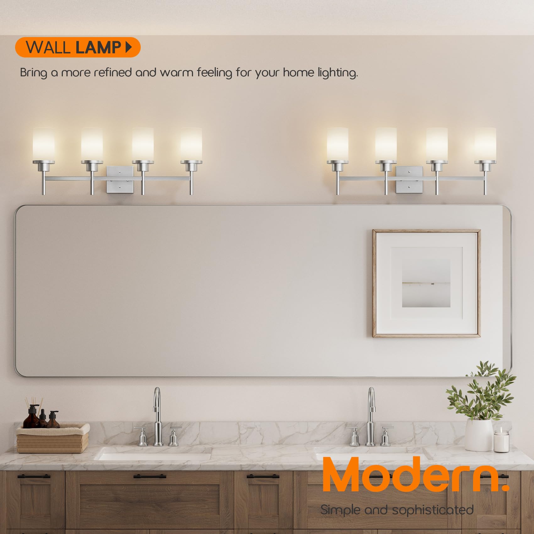 Aoneon 4-Light Vanity Lighting Fixtures With White Frosted Glass Shade  Brushed Nickel Bathroom Wall Lamps Over Mirror For Bath Restroom Kitchen T001Br-L4