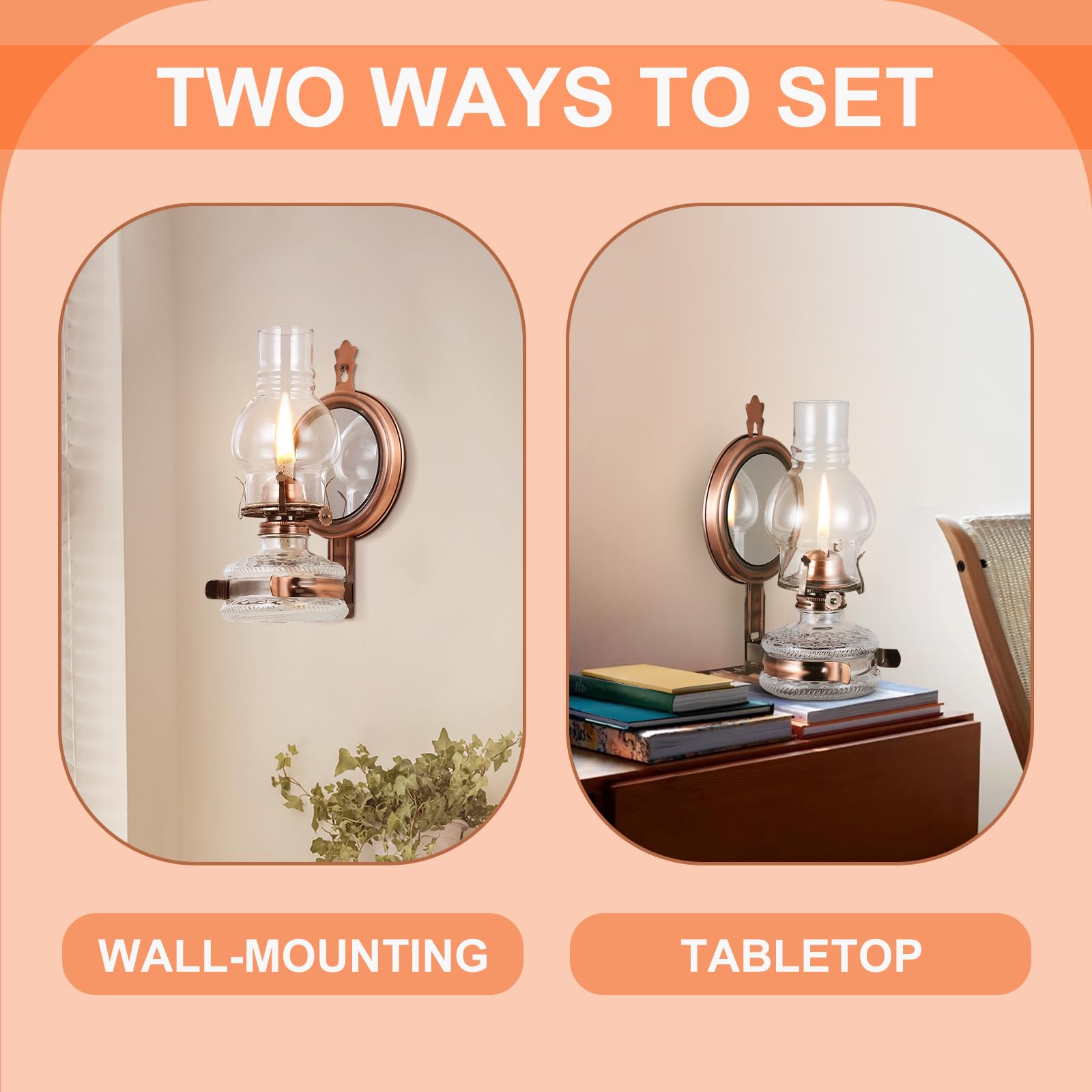DNRVK Vintage Glass Kerosene Wall Lamp - 2 Pieces, Clear/Brown, Metal, 7/8 Wick for Indoor Emergency Lighting