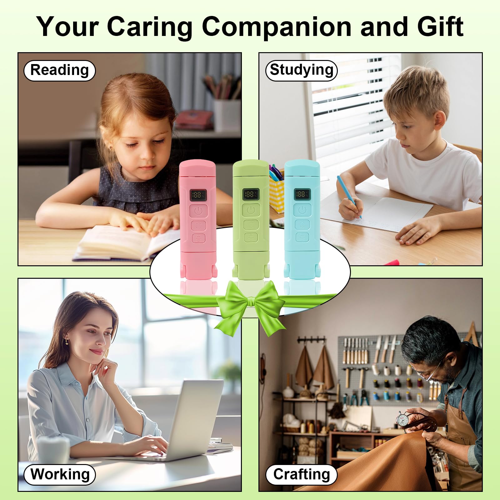 Bsdgeclogy 24 LED Rechargeable Book Light - Eye-Caring, 3 Color Temperatures, Lightweight Clip-On, Green, Digital-Timer