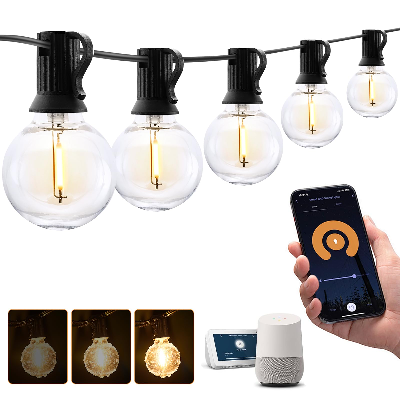 XMCOSY+ Smart Outdoor String Lights, 50Ft G40 Globe, 25 Dimmable LED Bulbs, Warm White, Waterproof, Model IL-120V-60W