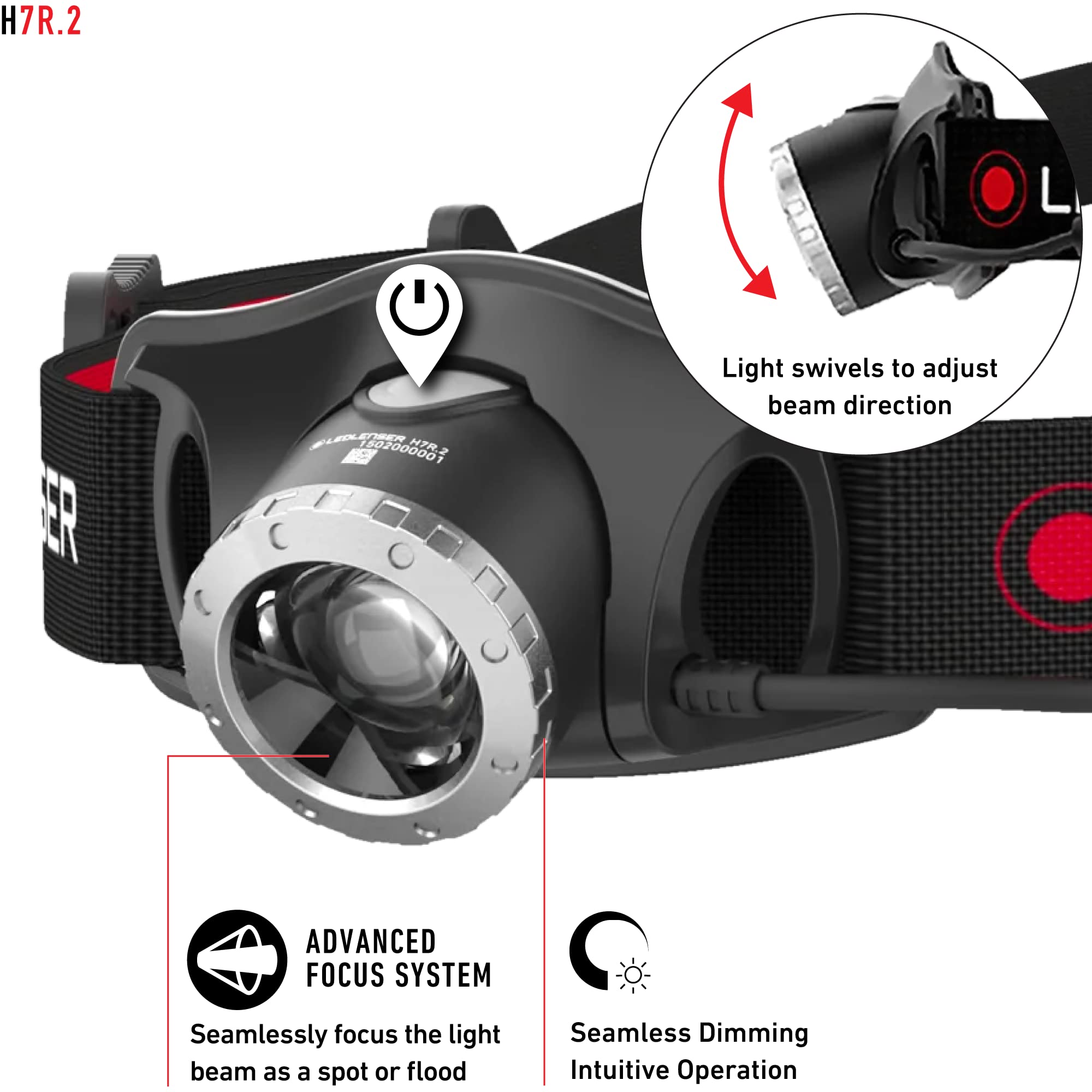 Ledlenser, H7.2 Rechargeable Headlamp, High Power LED, 5-250 Lumens, Hands-Free Light for Outdoor Use, Home, Camping, Black