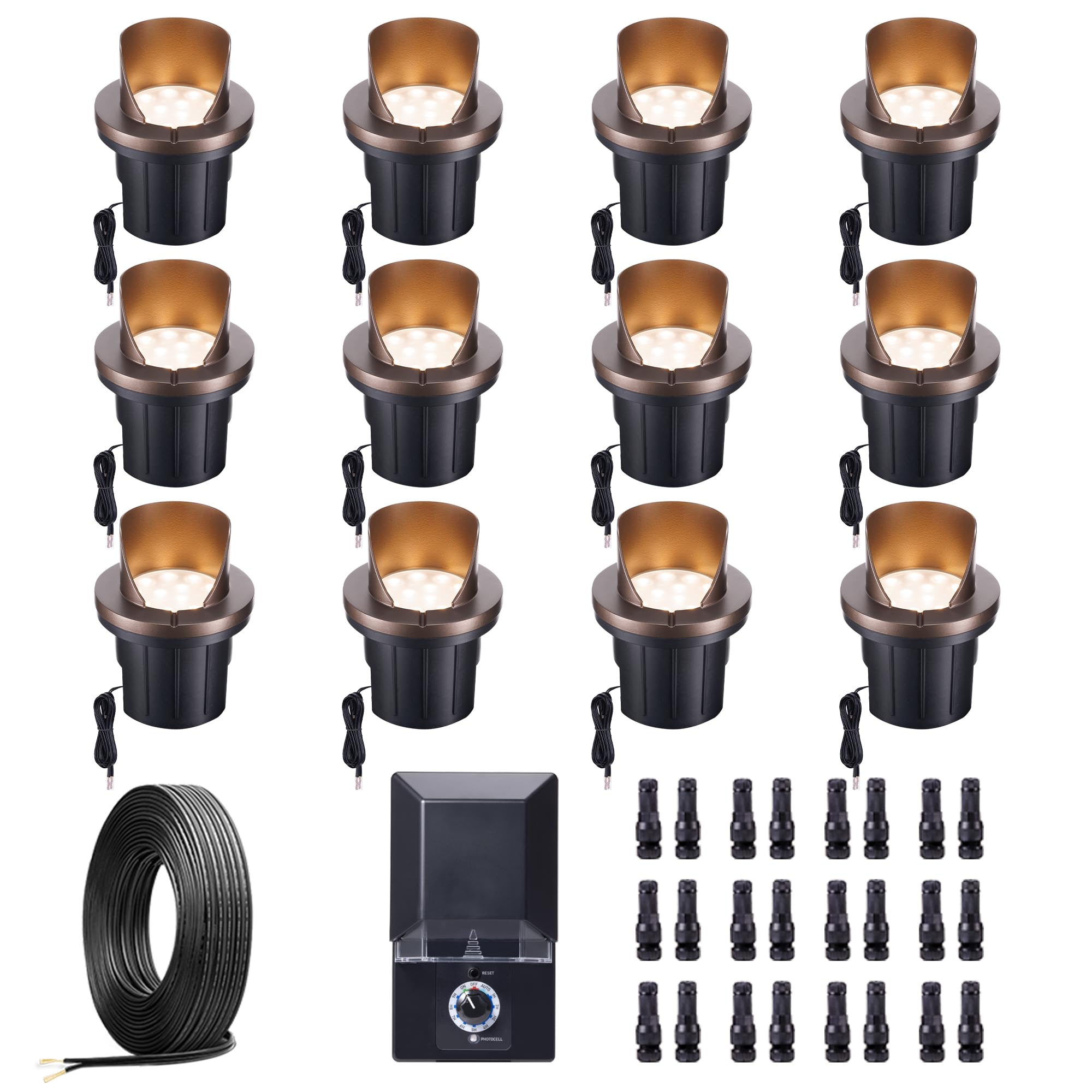 Varmtalys Ground Well Lights Kit, 12 Pack Landscape LED Low Voltage Inground Lights and 200W Transformer and 250FT Cable and 40 