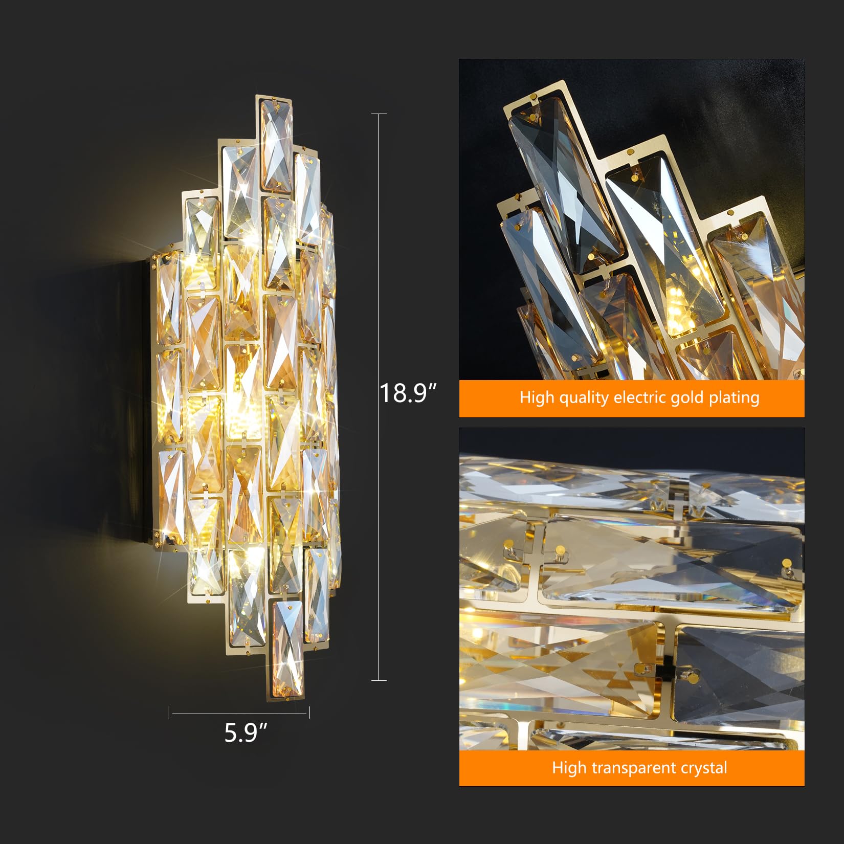 Kaiyuan Modern Crystal Wall Sconces - Gold Indoor Light Fixtures for Living Room, Bedroom, Bathroom, Hallway