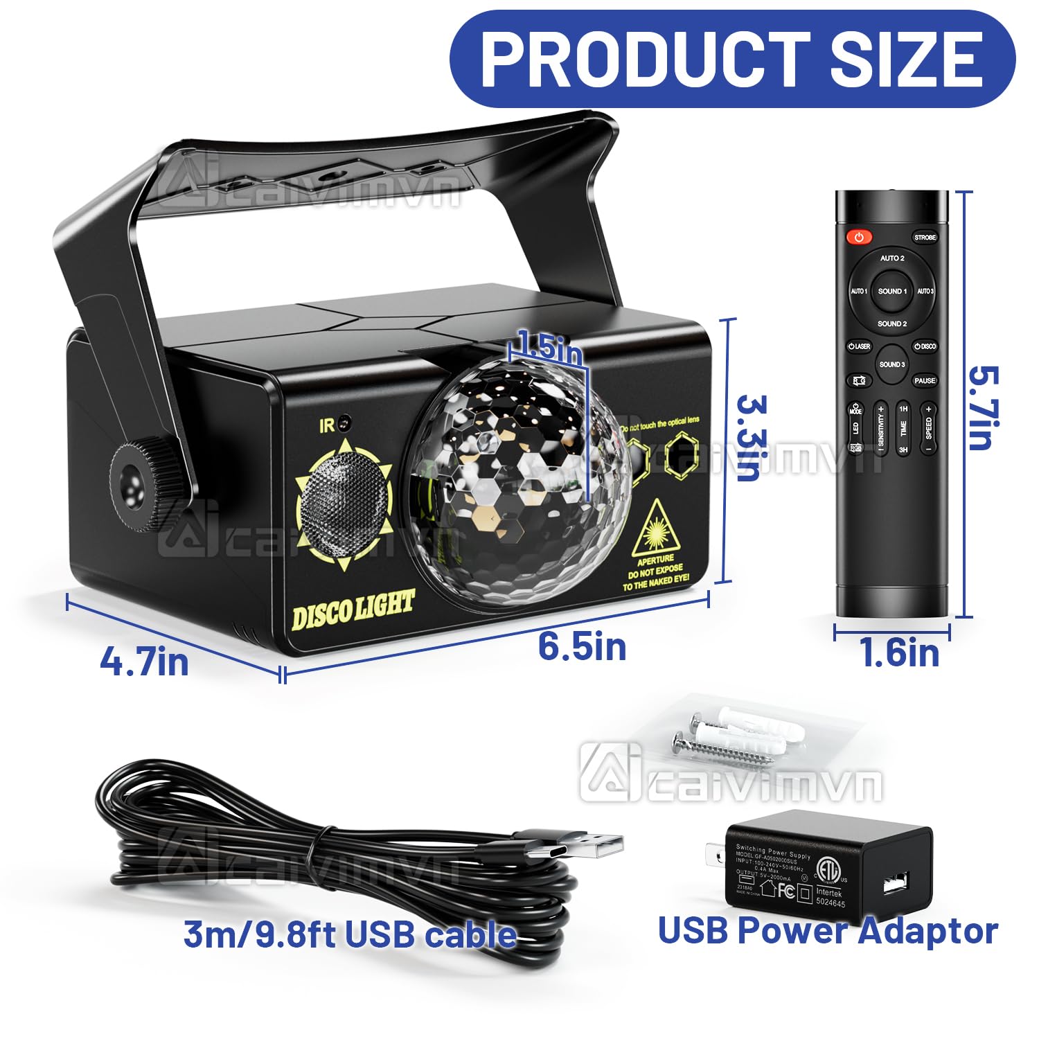 caivimvn Disco Lights, Sound Activated LED DJ Strobe Light, Remote Control, Party Lights Pro, Black, Model 1013