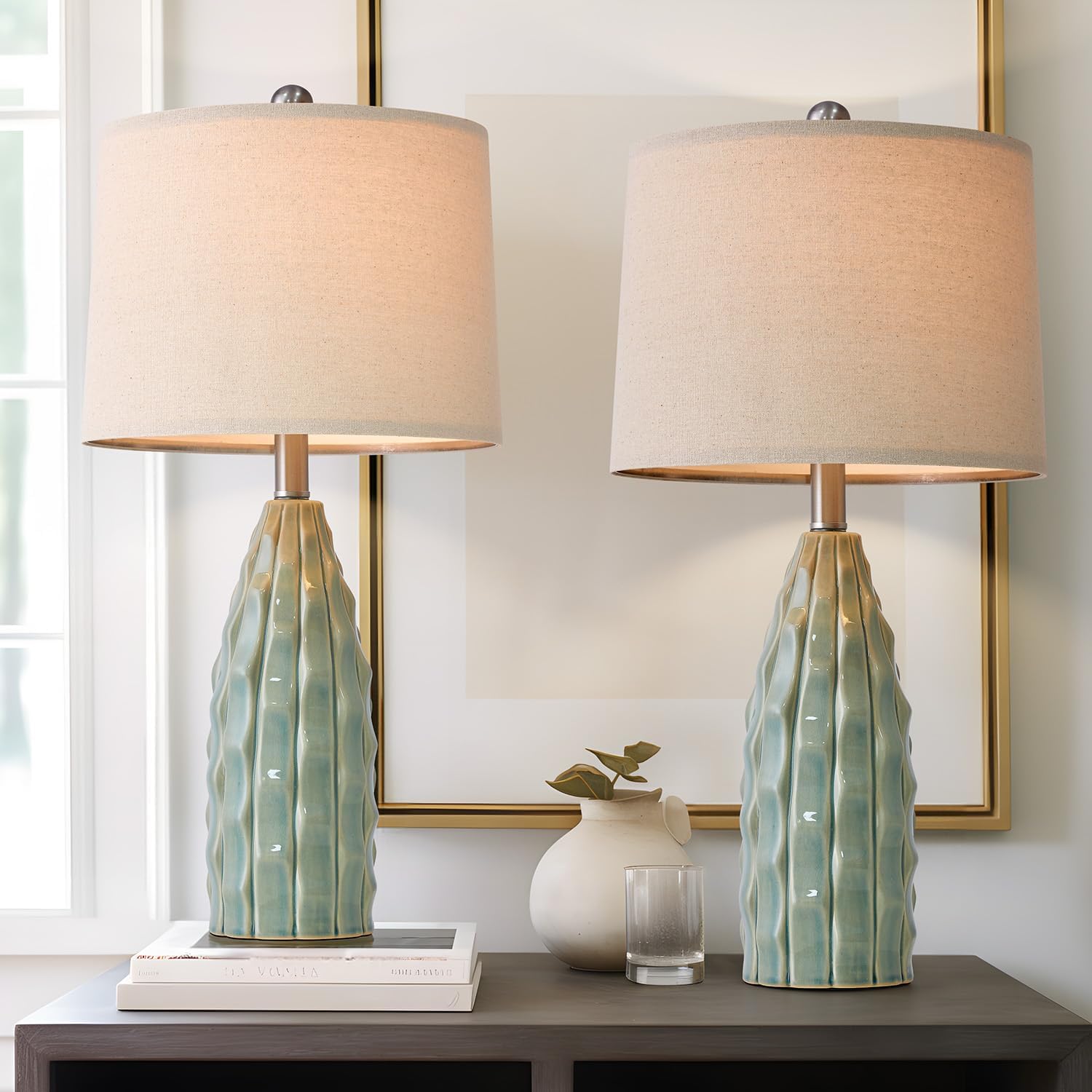 USumkky Ceramic Table Lamps Set of 2, 23.75 Modern Farmhouse Bedside Lamp - Green Nightstand Lamps for Bedroom, Boho Living Room