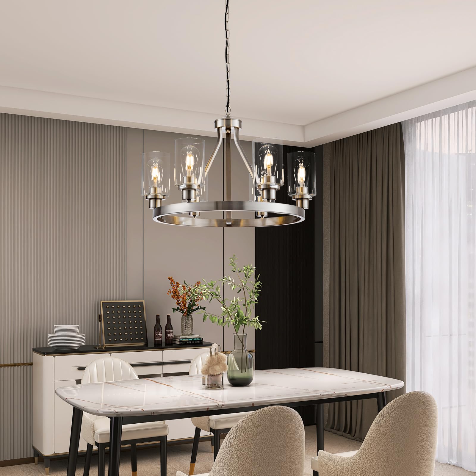 Lanhall 6-Light Chandelier Pendant Lighting Brushed Nickel Metal Adjustable Height for Dining Room Living Room Bedroom Entryway